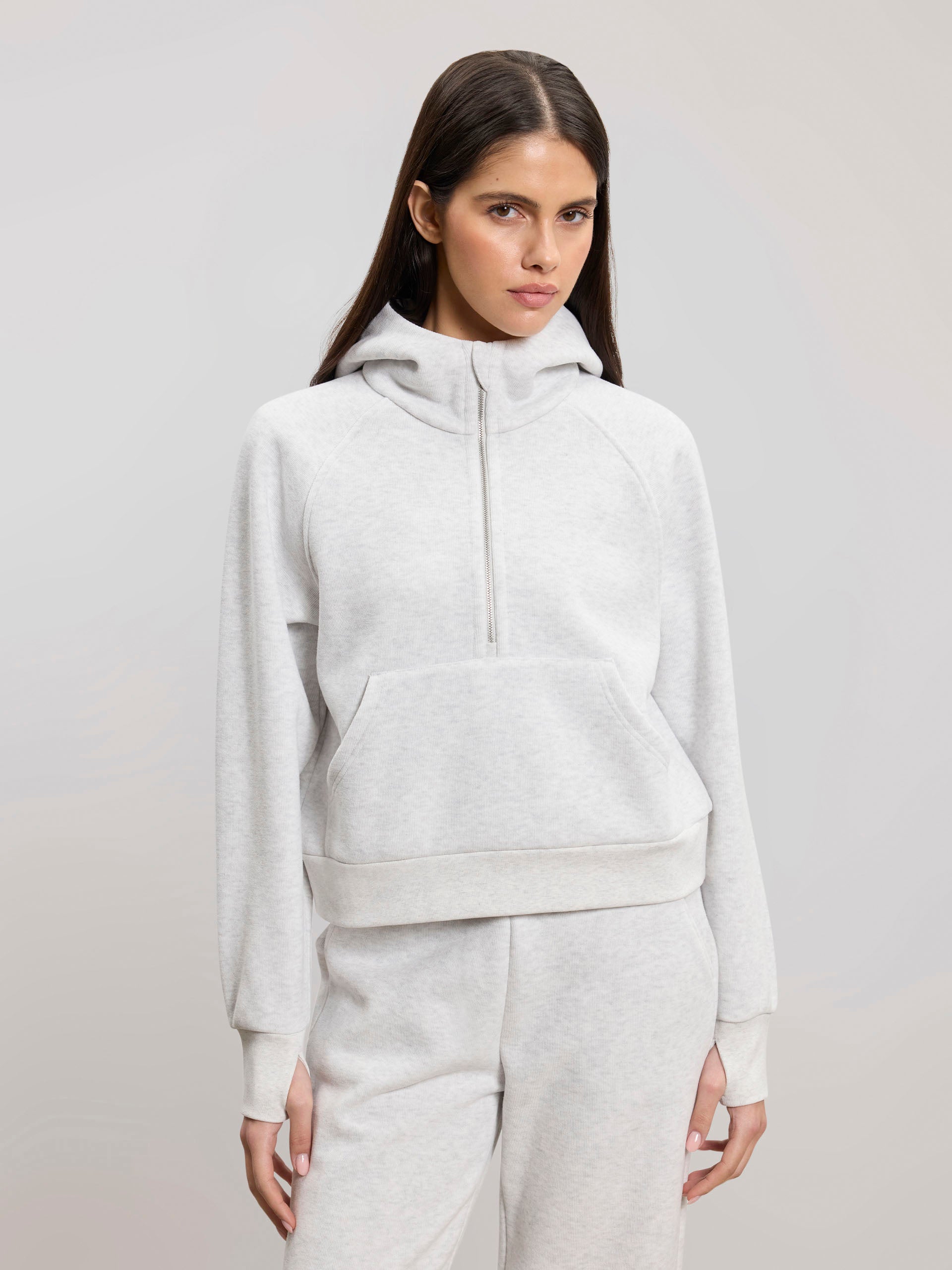 Womens Cosy Fleece Half Zip Hoodie in Marl Grey