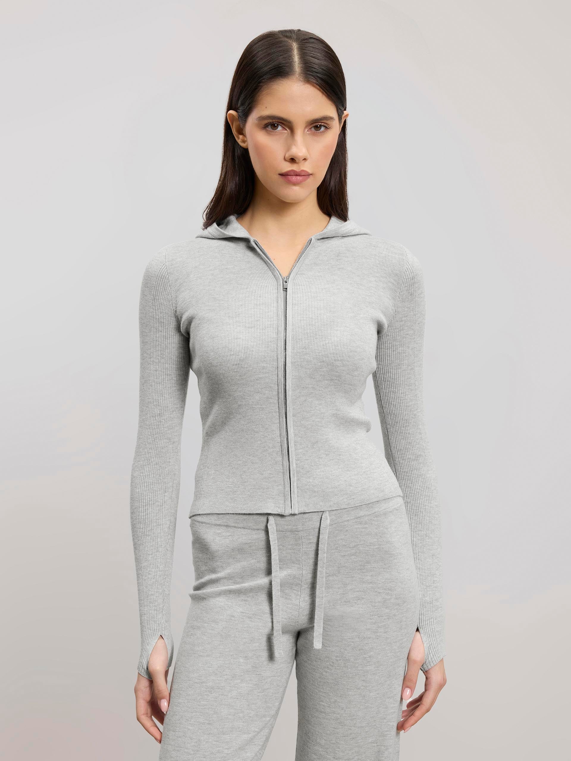 Womens Light Knit Hoodie in Marl Grey
