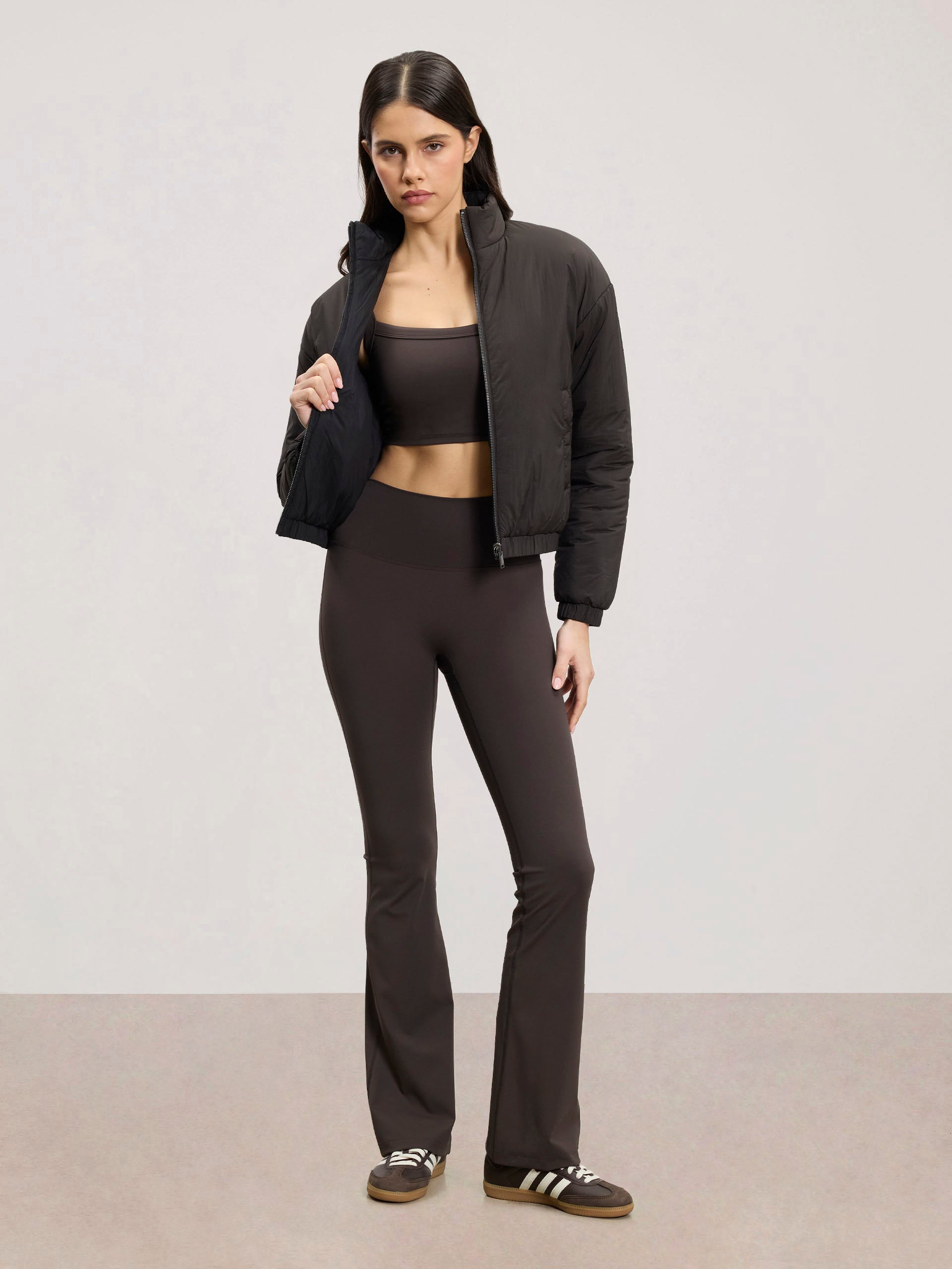 Womens Relaxed Reversible Funnel Neck Jacket in Brown And Black