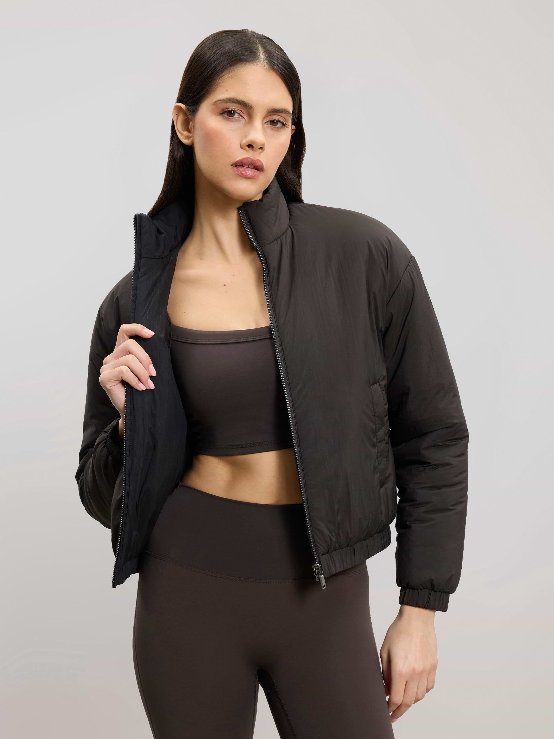 Womens Relaxed Reversible Funnel Neck Jacket in Brown And Black