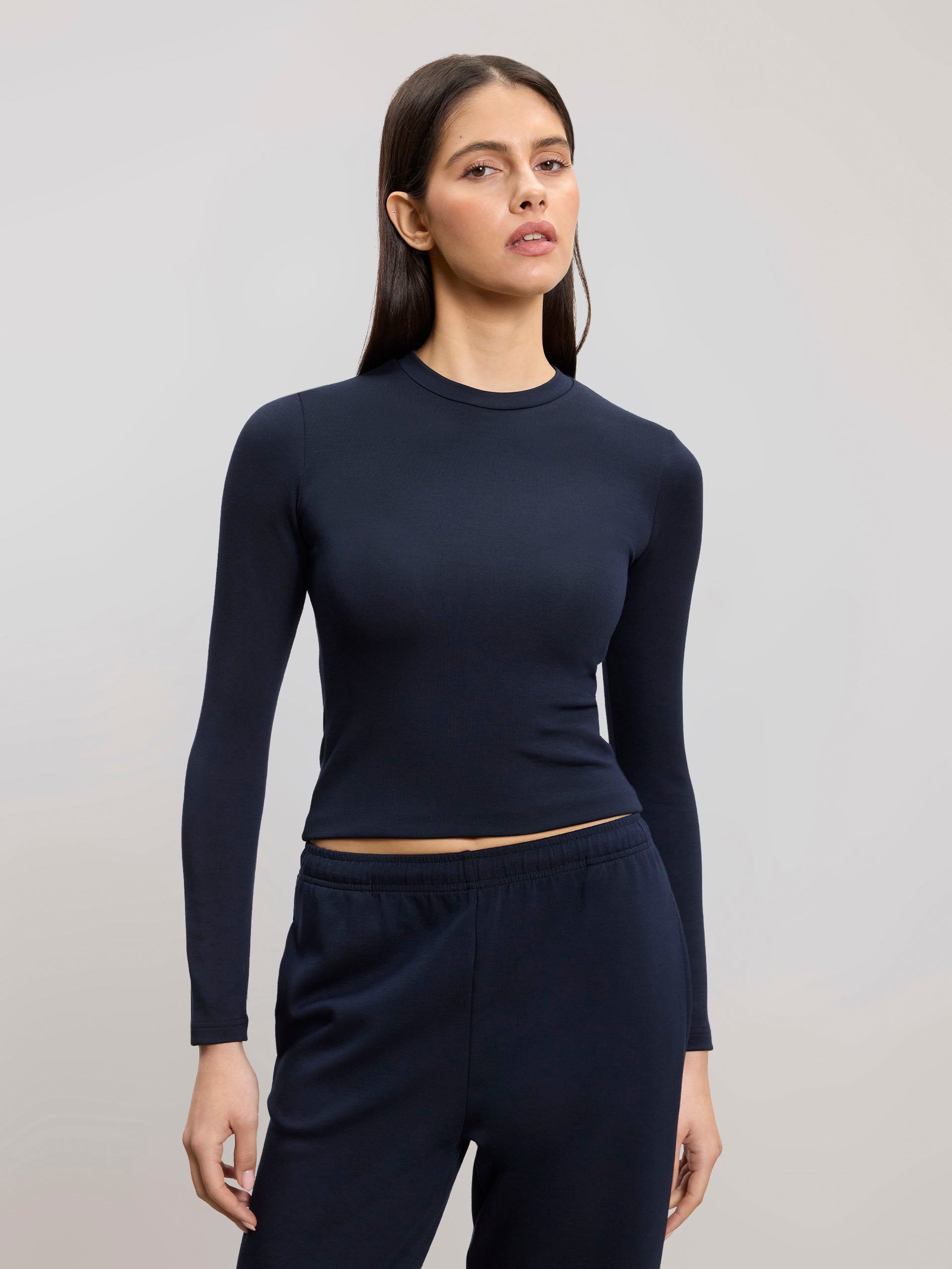 Womens Soft Interlock Long Sleeve Top in Navy