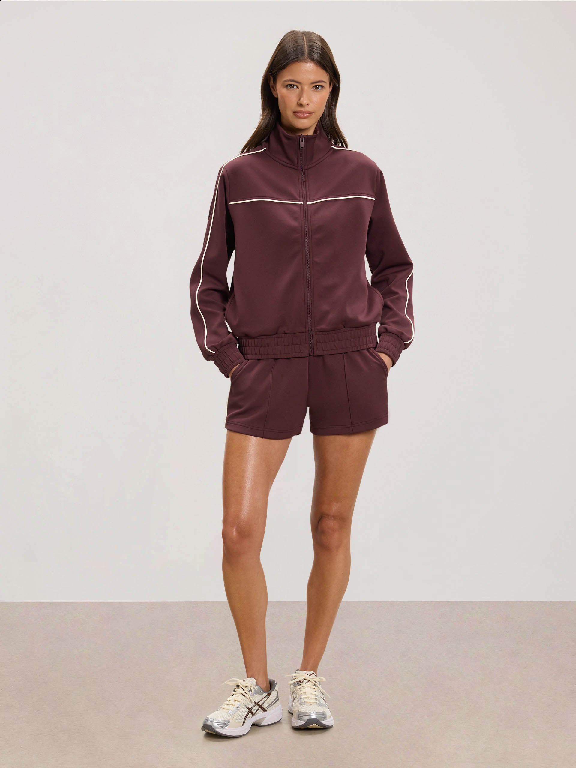 Womens Piping Track Short in Burgundy