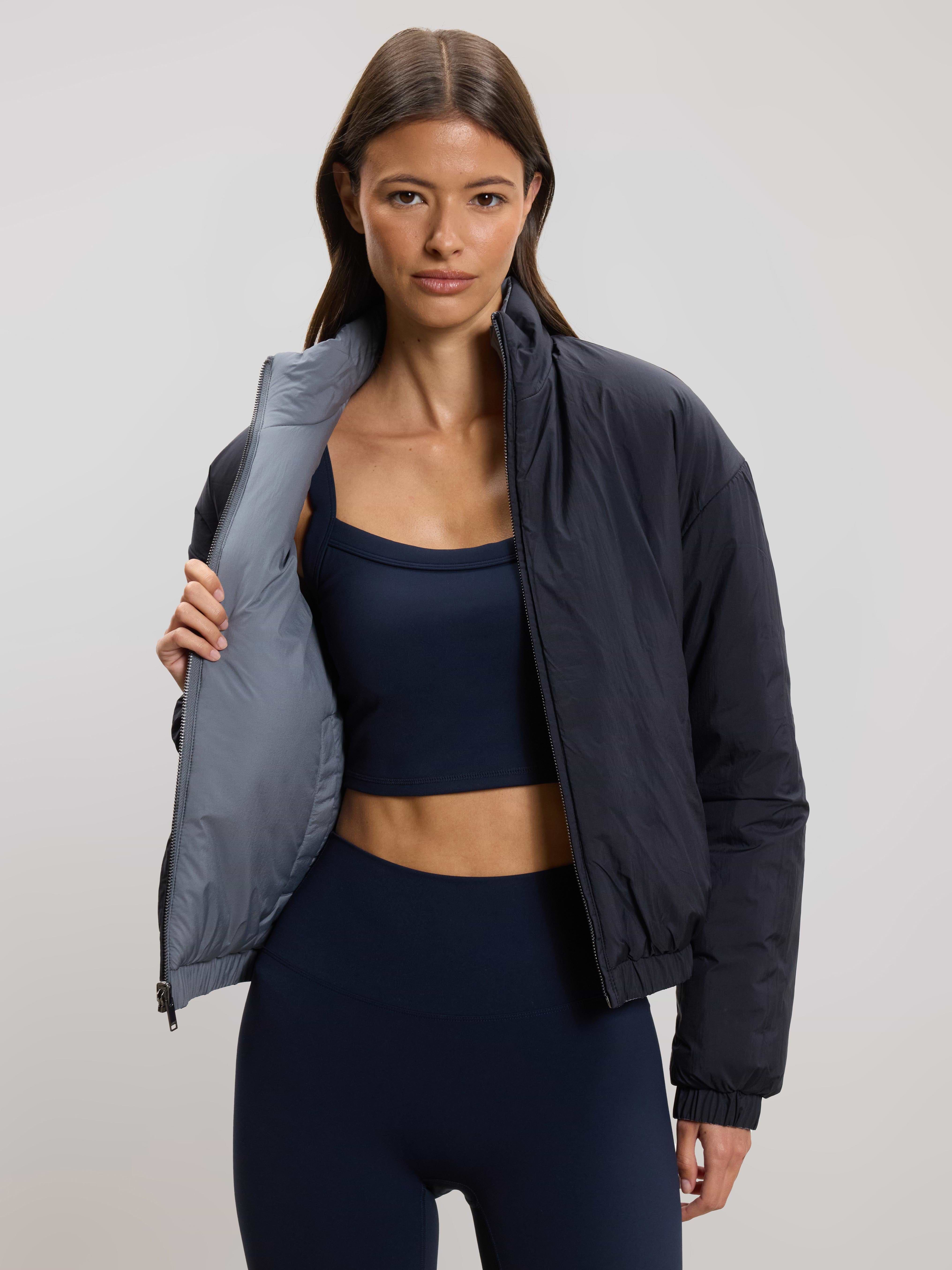 Womens Relaxed Reversible Funnel Neck Jacket in Dove Blue And Navy