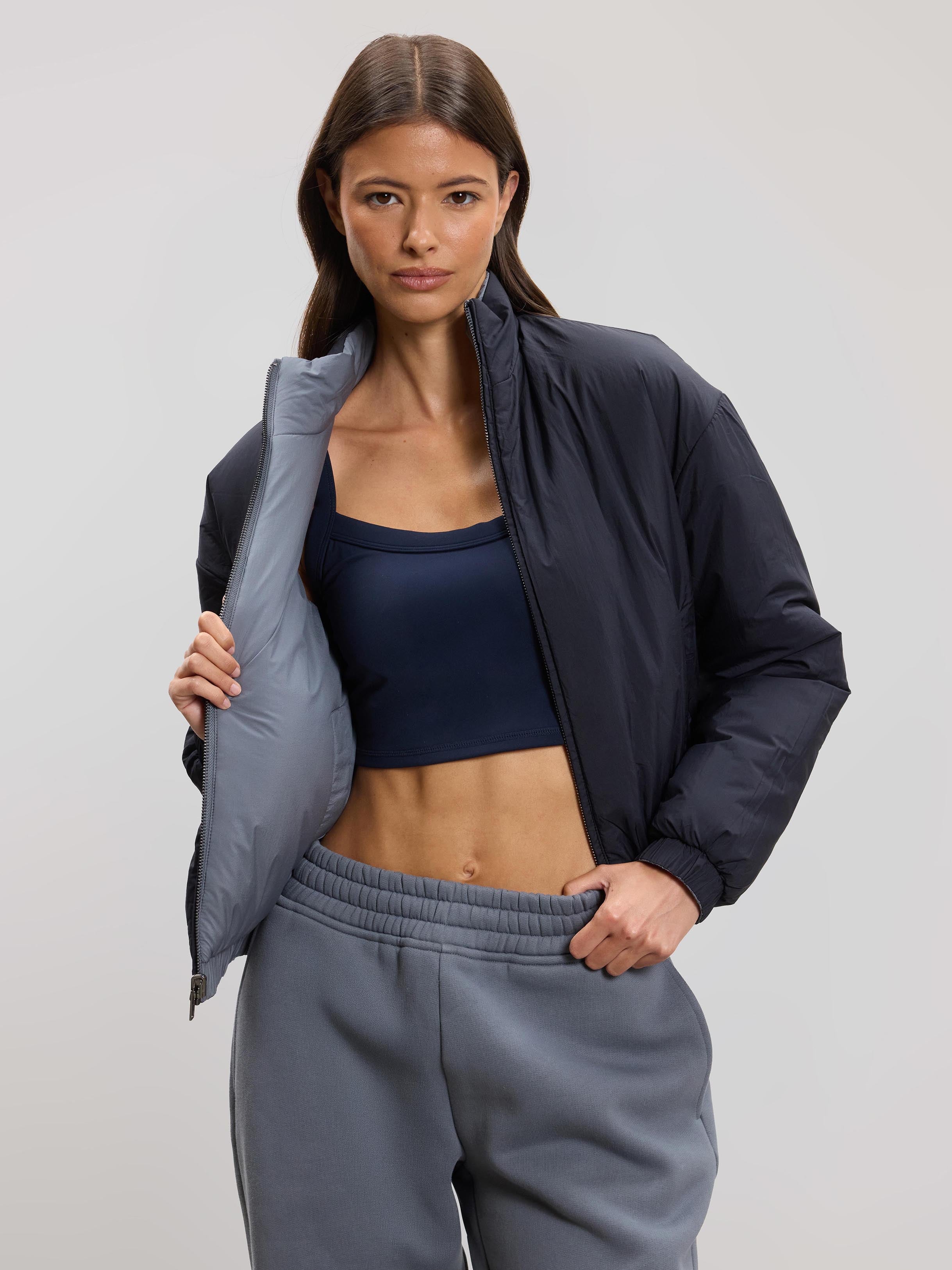 Womens Relaxed Reversible Funnel Neck Jacket in Dove Blue And Navy