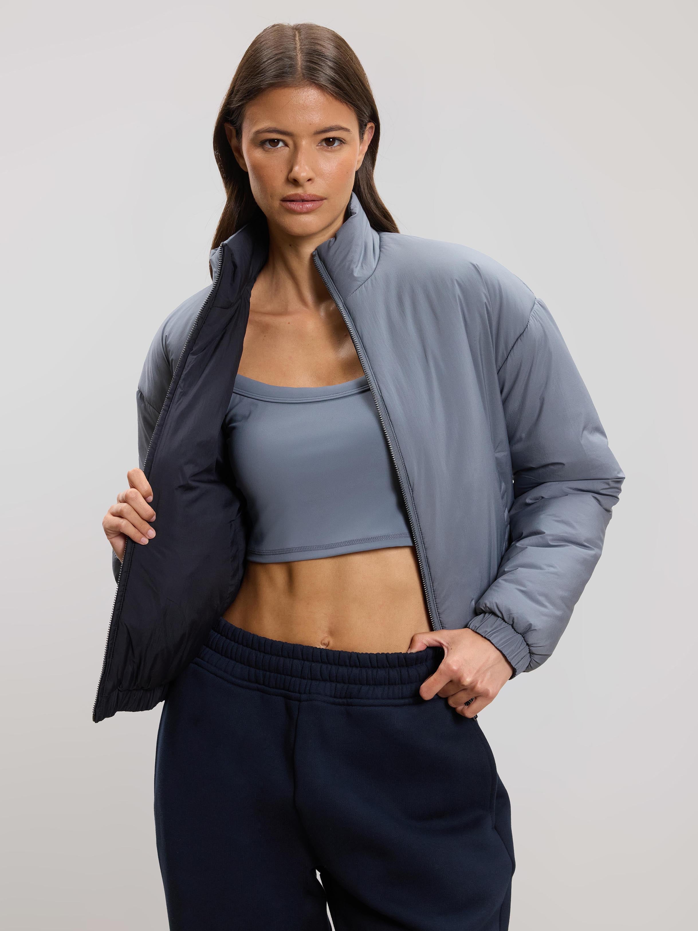 Womens Relaxed Reversible Funnel Neck Jacket in Dove Blue And Navy