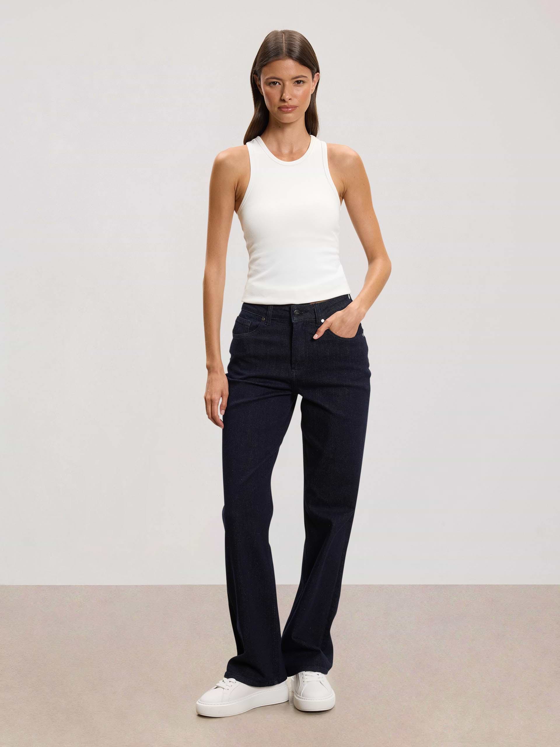 Womens Straight Leg Denim Jeans in Solid Dark Blue