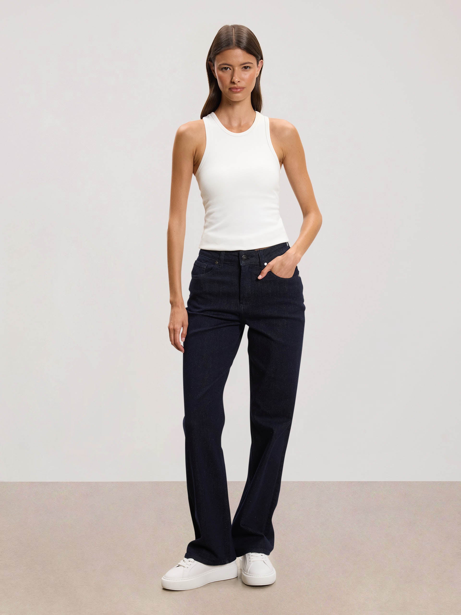 Womens Straight Leg Denim Jeans in Solid Dark Blue