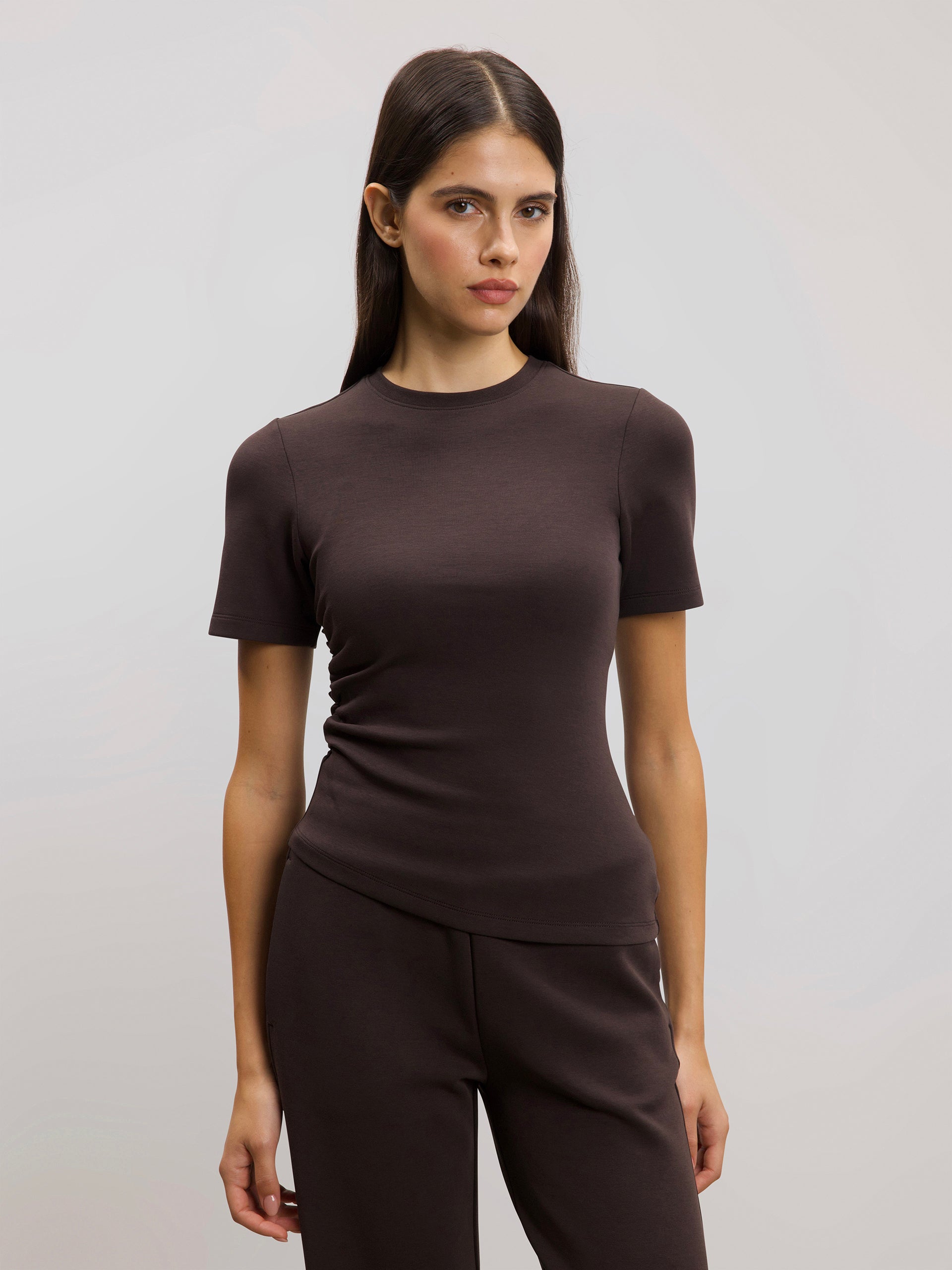 Womens Luxe Fitted Waist T-Shirt in Brown
