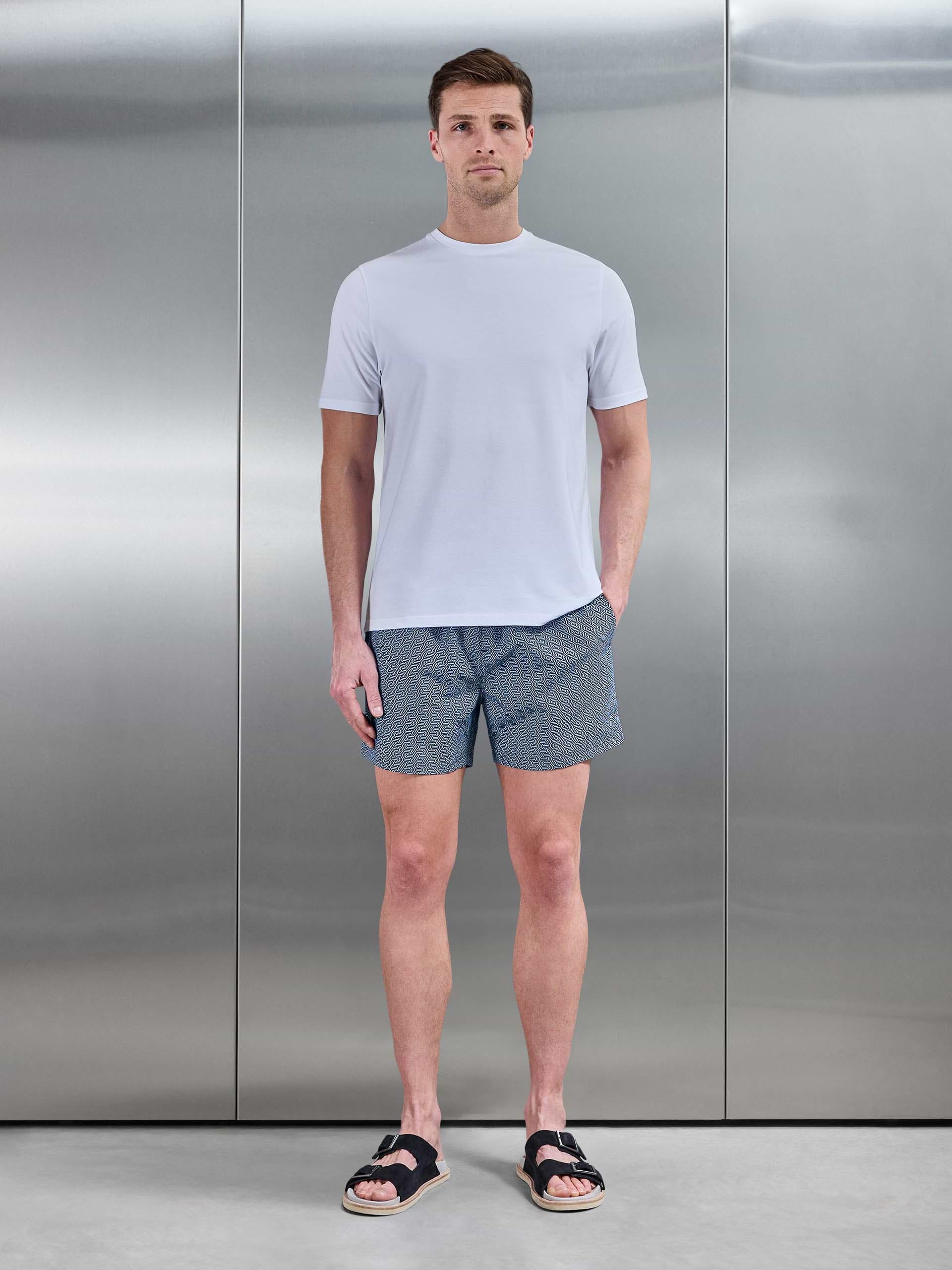 Amalfi Drawstring Printed Swim Short in Navy