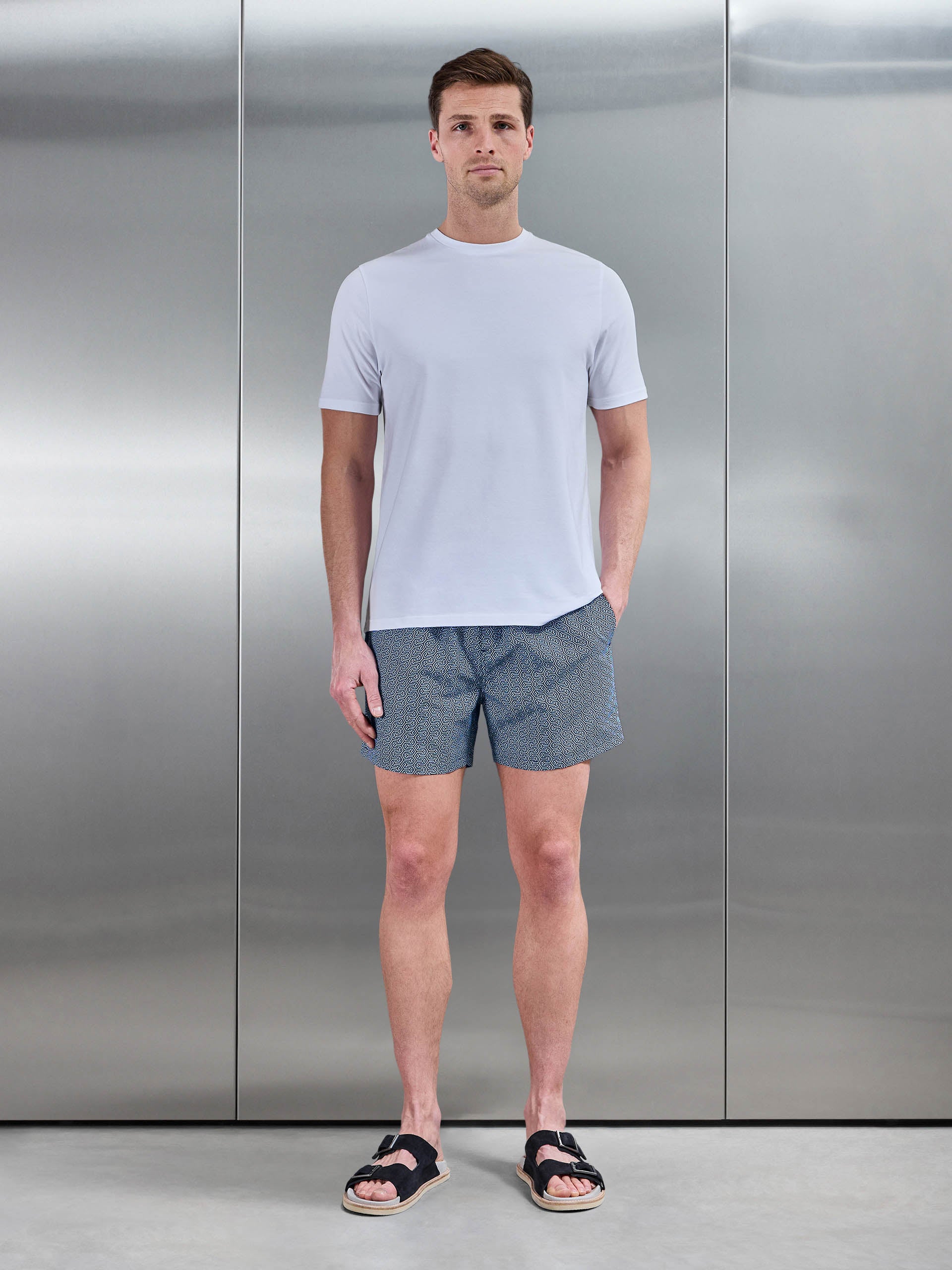 Amalfi Drawstring Printed Swim Short in Navy