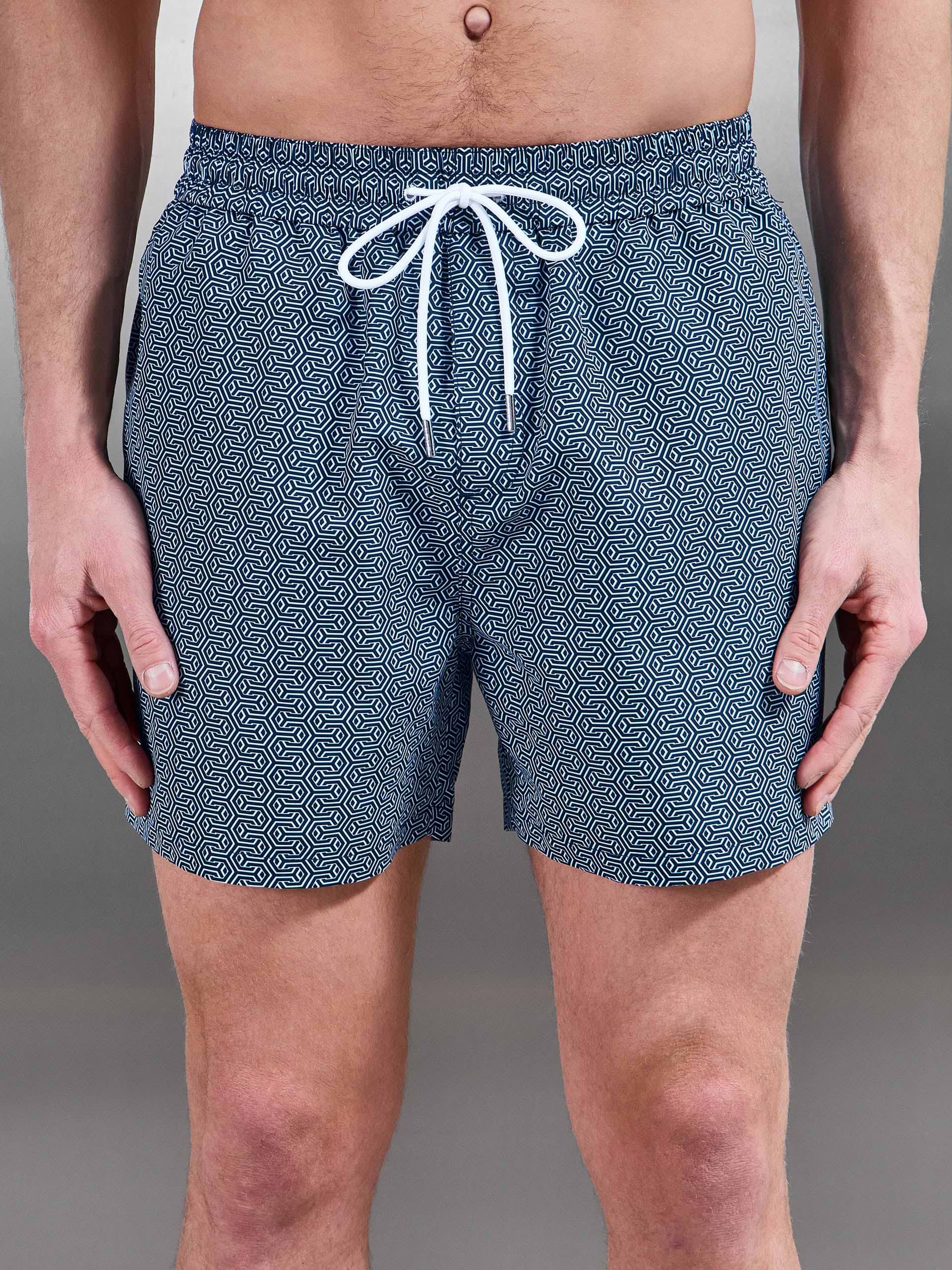 Amalfi Drawstring Printed Swim Short in Navy