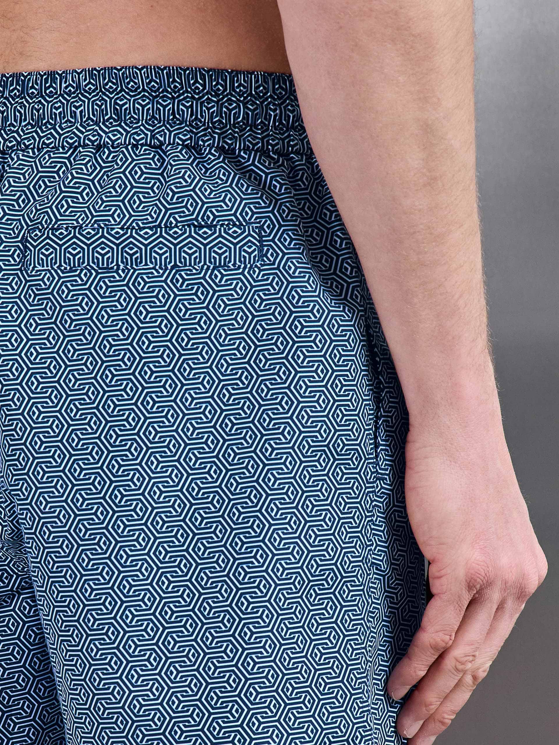 Amalfi Drawstring Printed Swim Short in Navy