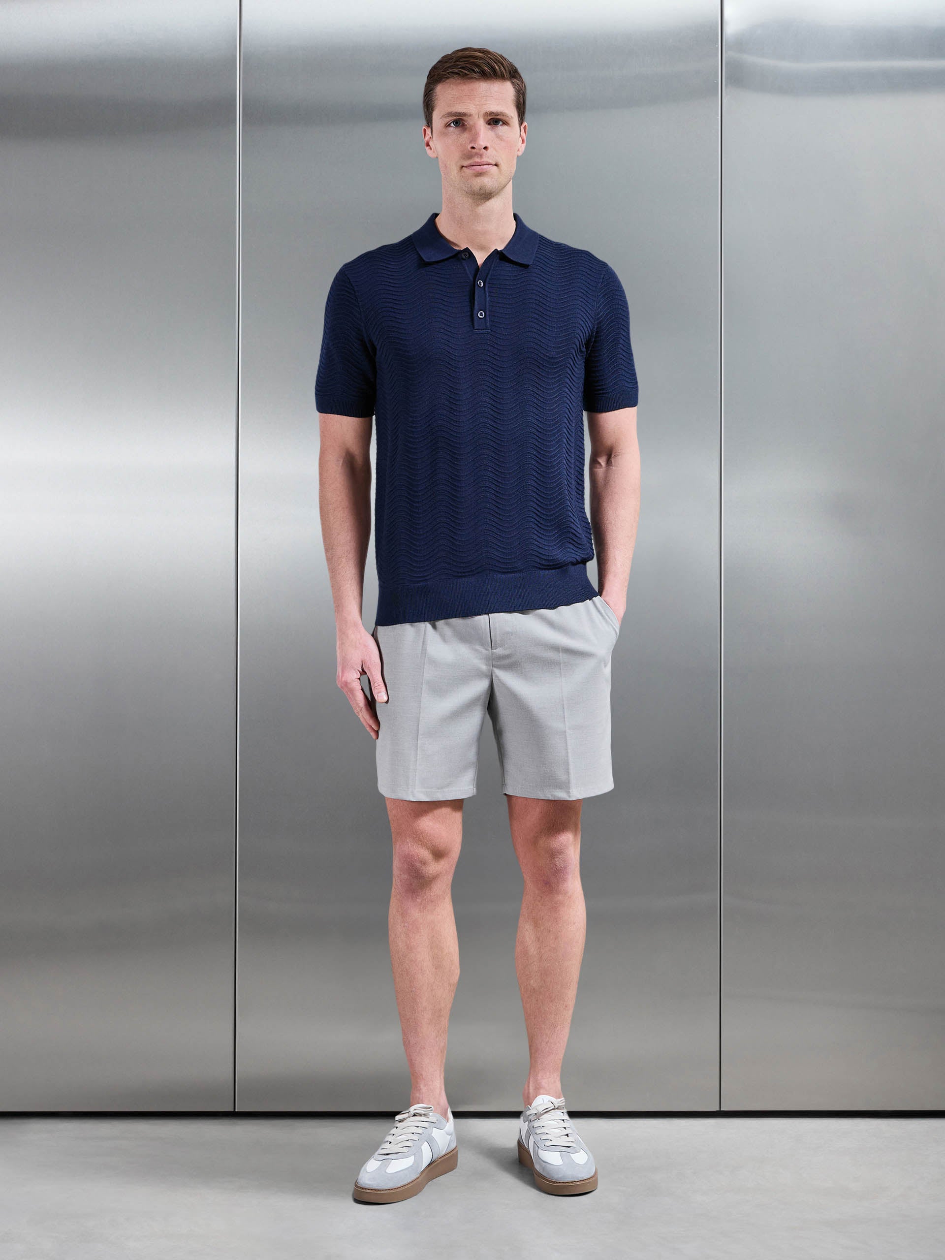 Arles Wave Plain Textured Polo Shirt in Navy