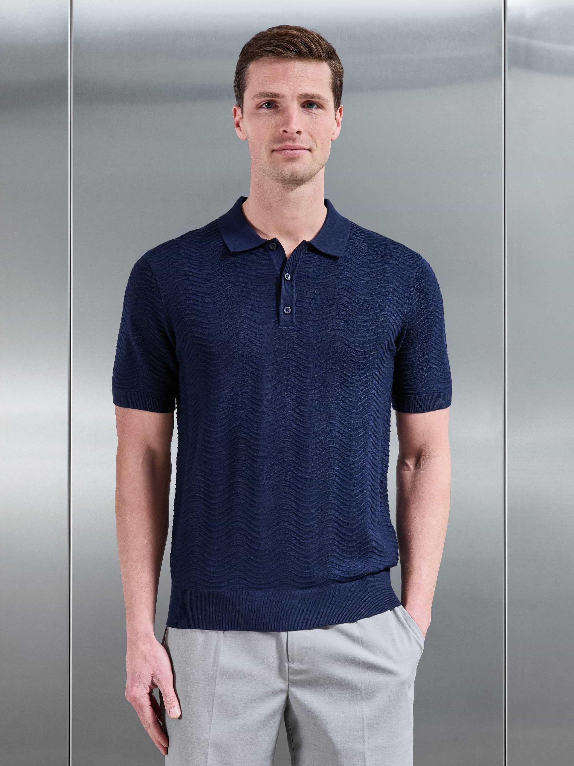 Arles Wave Plain Textured Polo Shirt in Navy