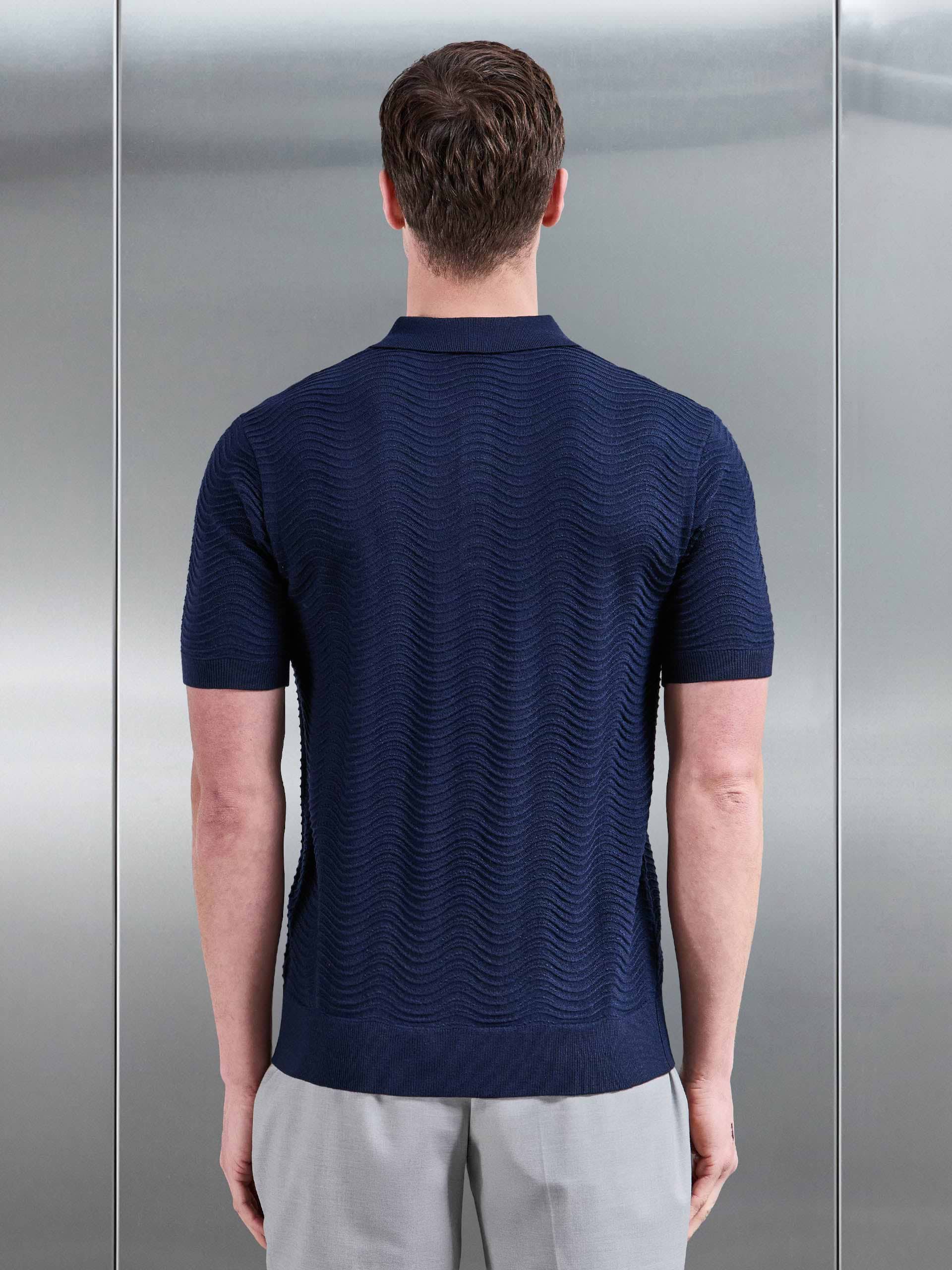 Arles Wave Plain Textured Polo Shirt in Navy