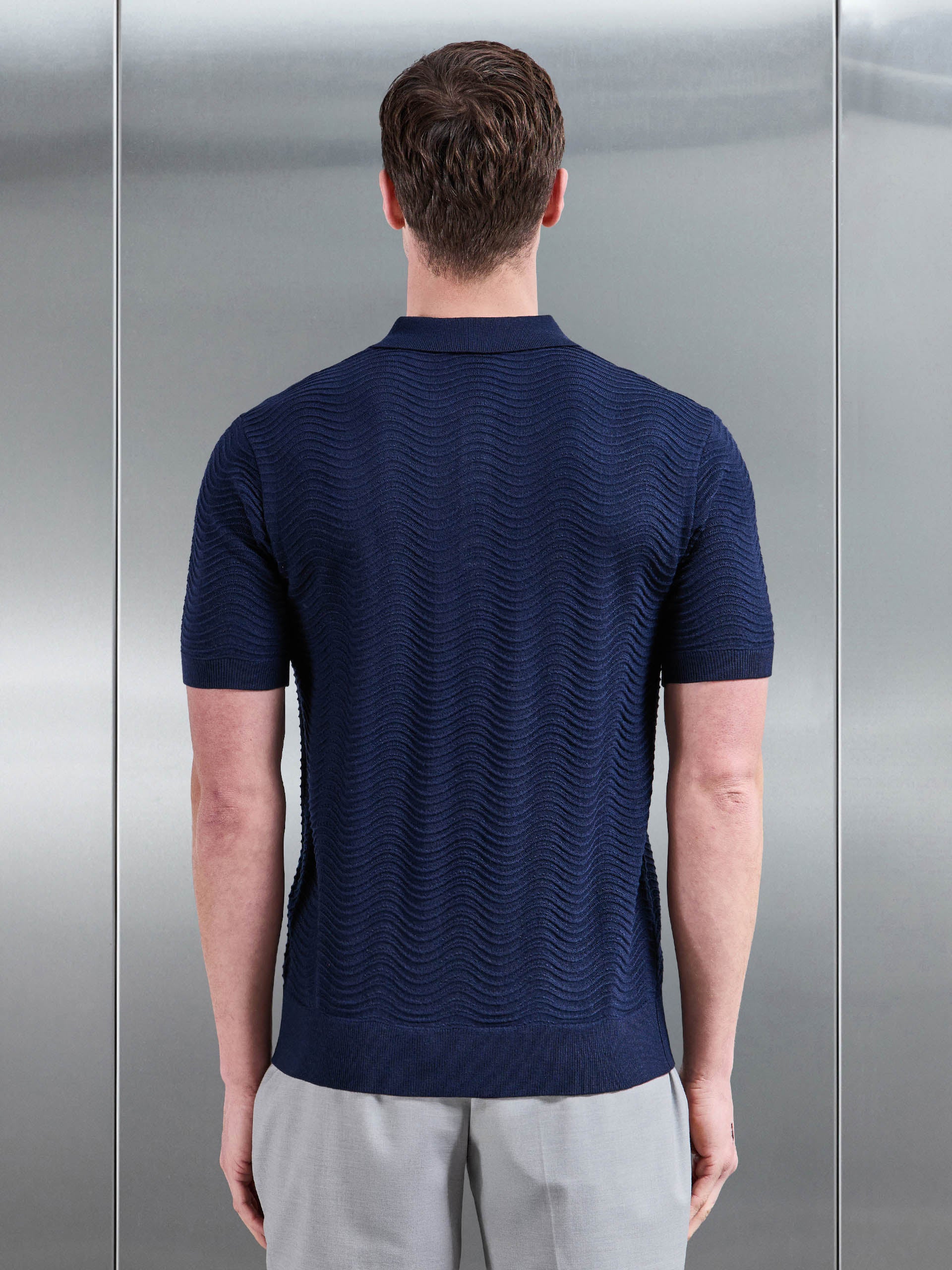 Arles Wave Plain Textured Polo Shirt in Navy