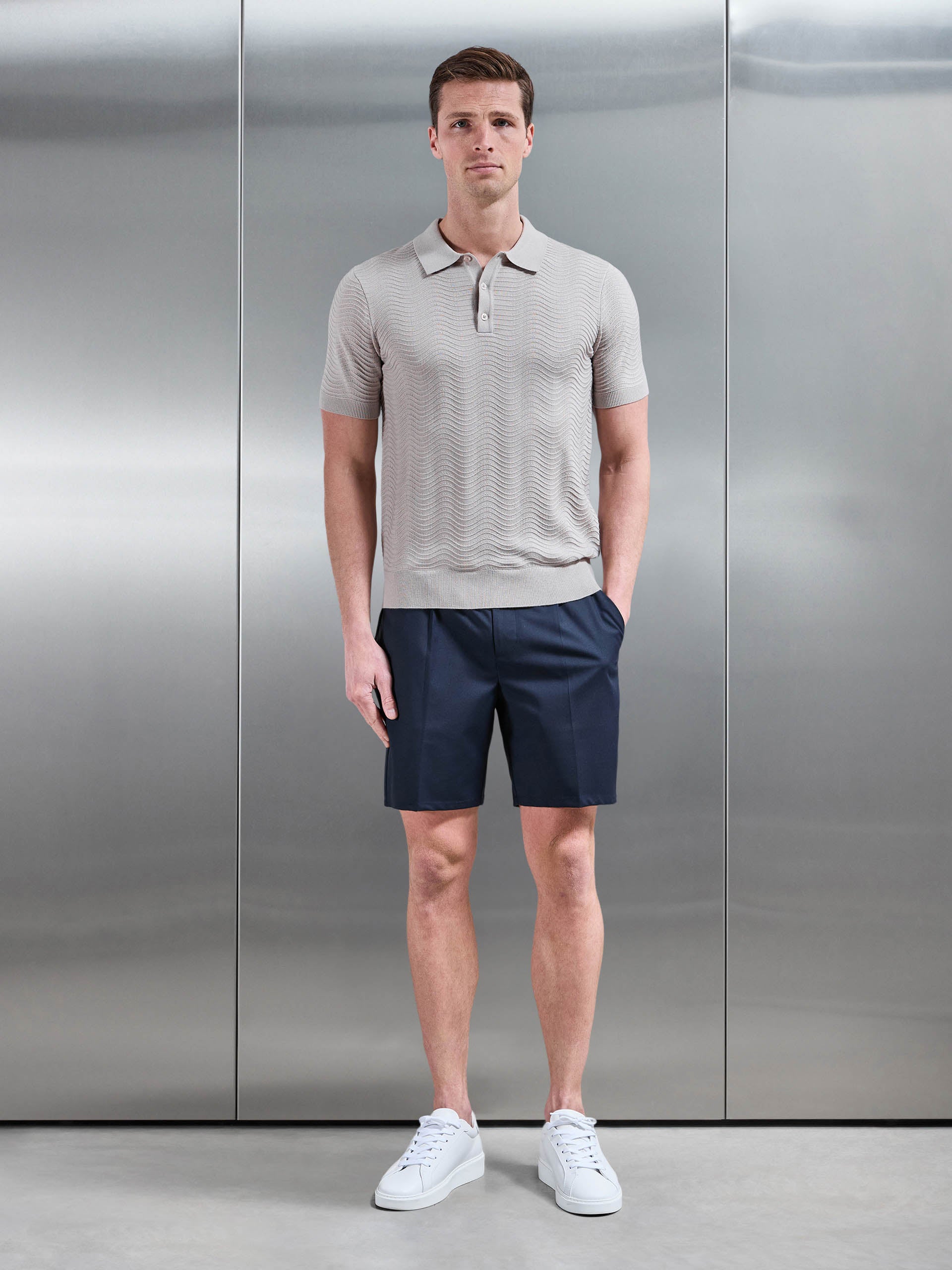 Arles Wave Plain Textured Polo Shirt in Stone