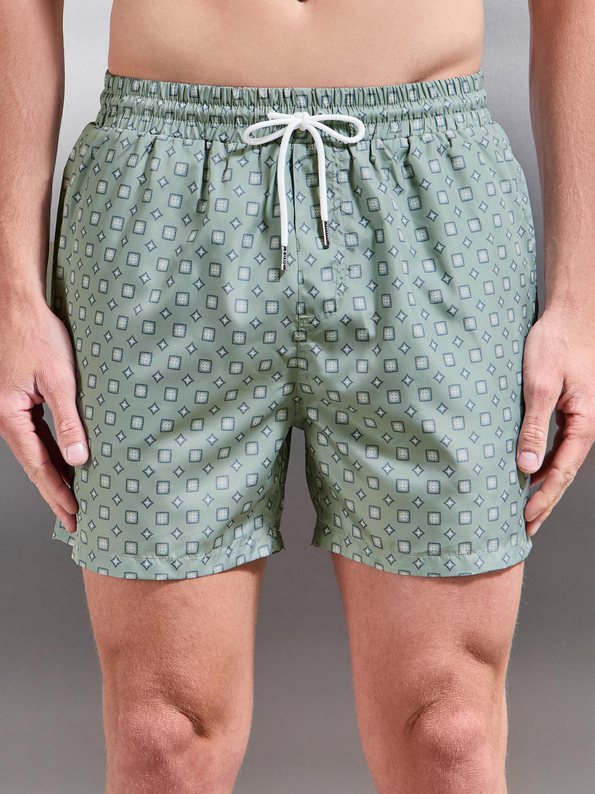 Arlo Drawstring Printed Shell Swim Short in Light Sage
