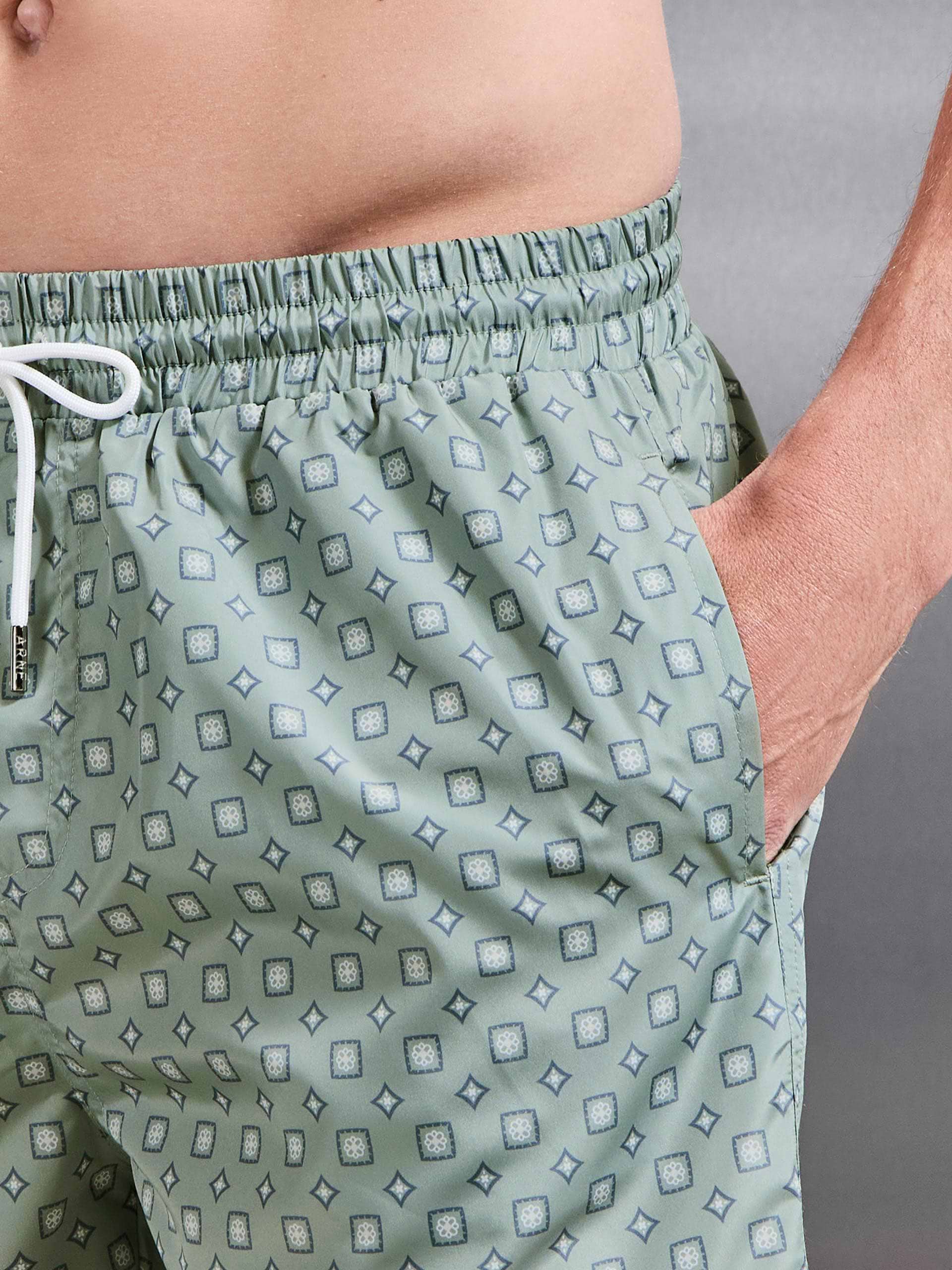 Arlo Drawstring Printed Shell Swim Short in Light Sage