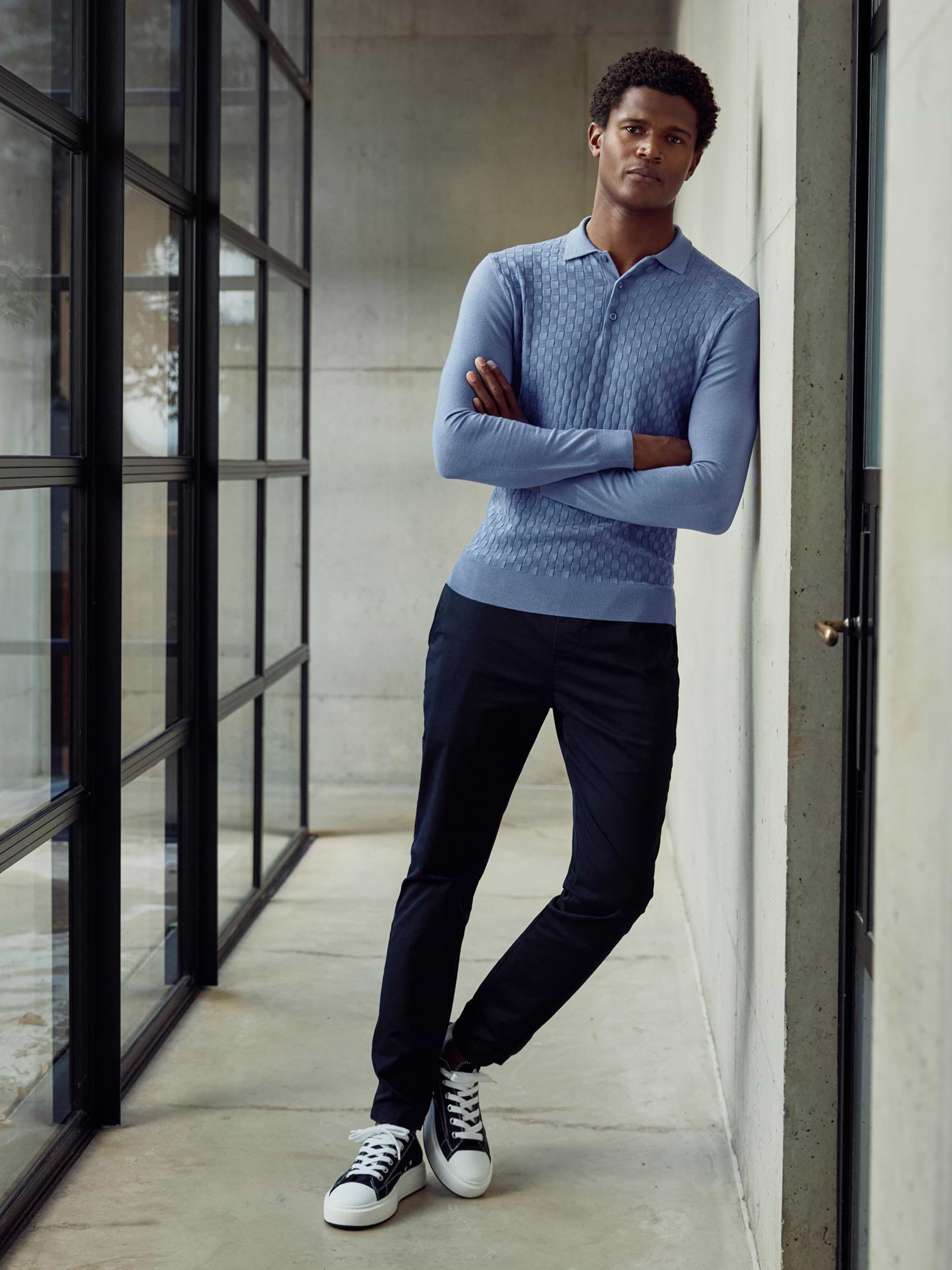 Square Textured Long Sleeve Button Polo Shirt in Silk Blue