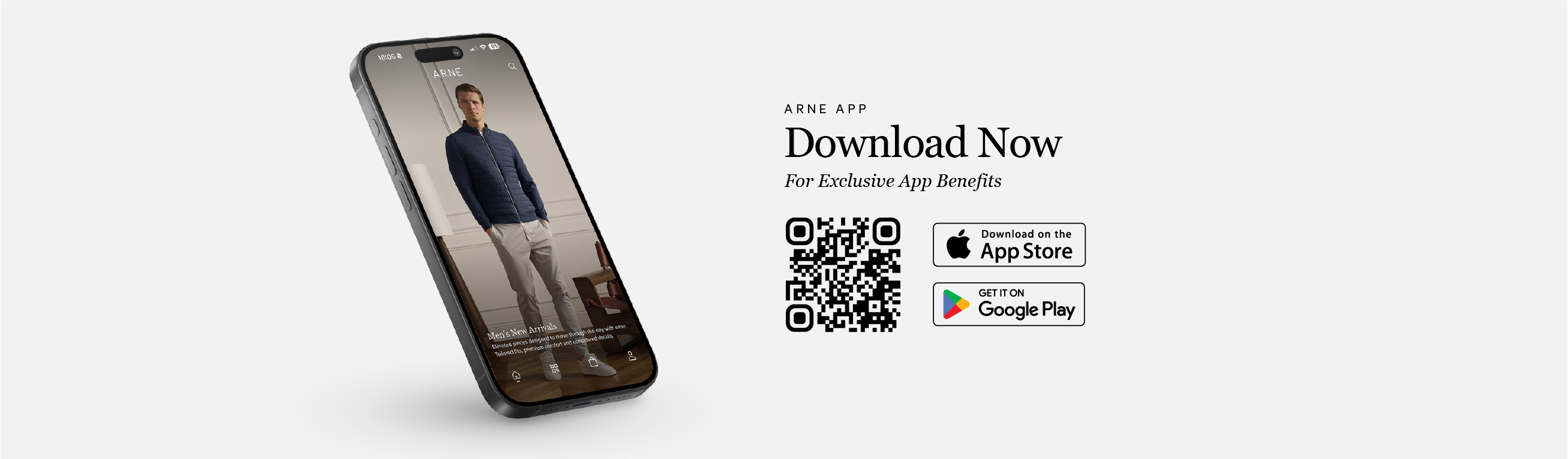 Phone displaying an app with a QR code and download prompts on a white background