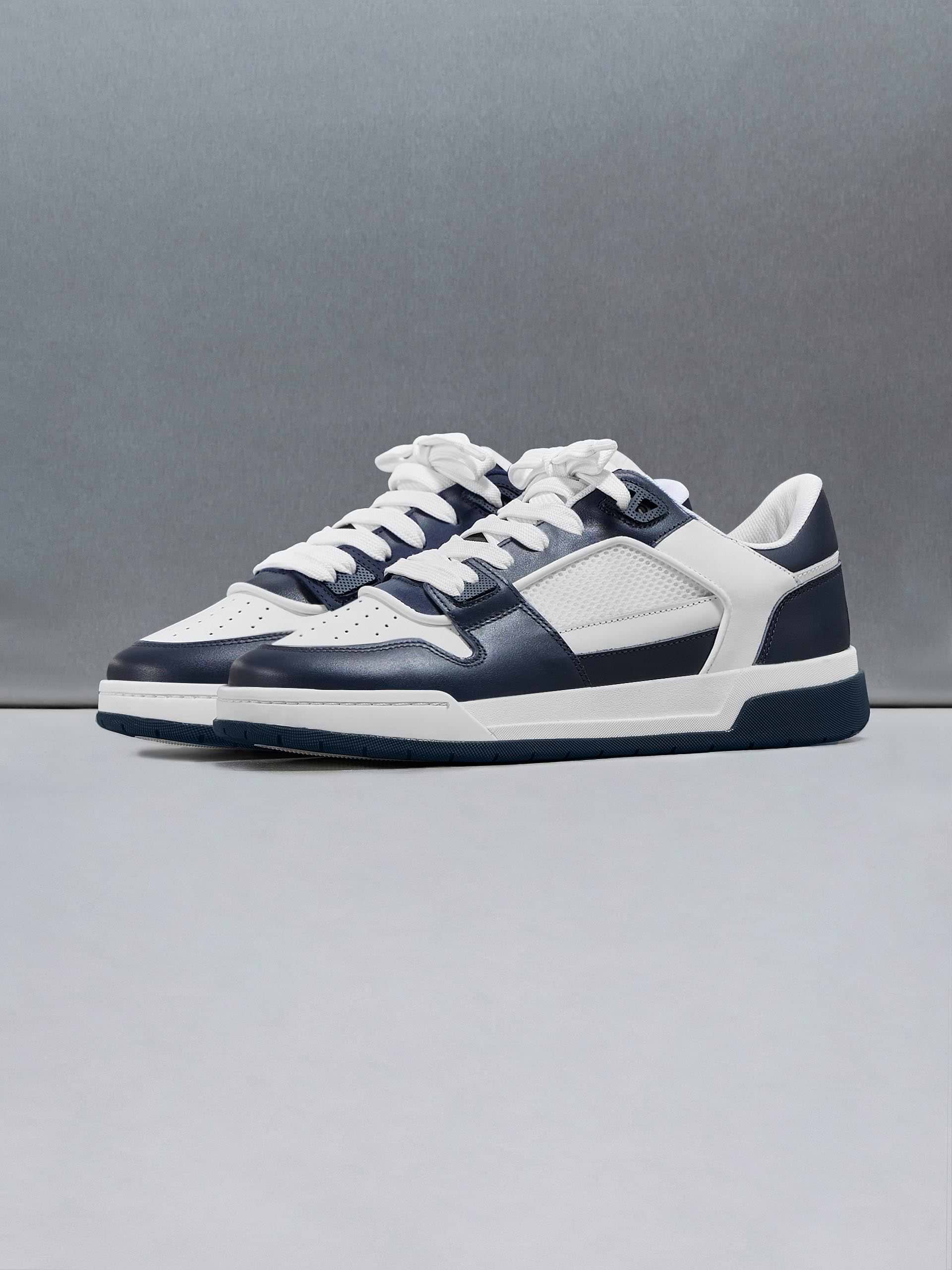 Leather Basket Trainer in White Navy