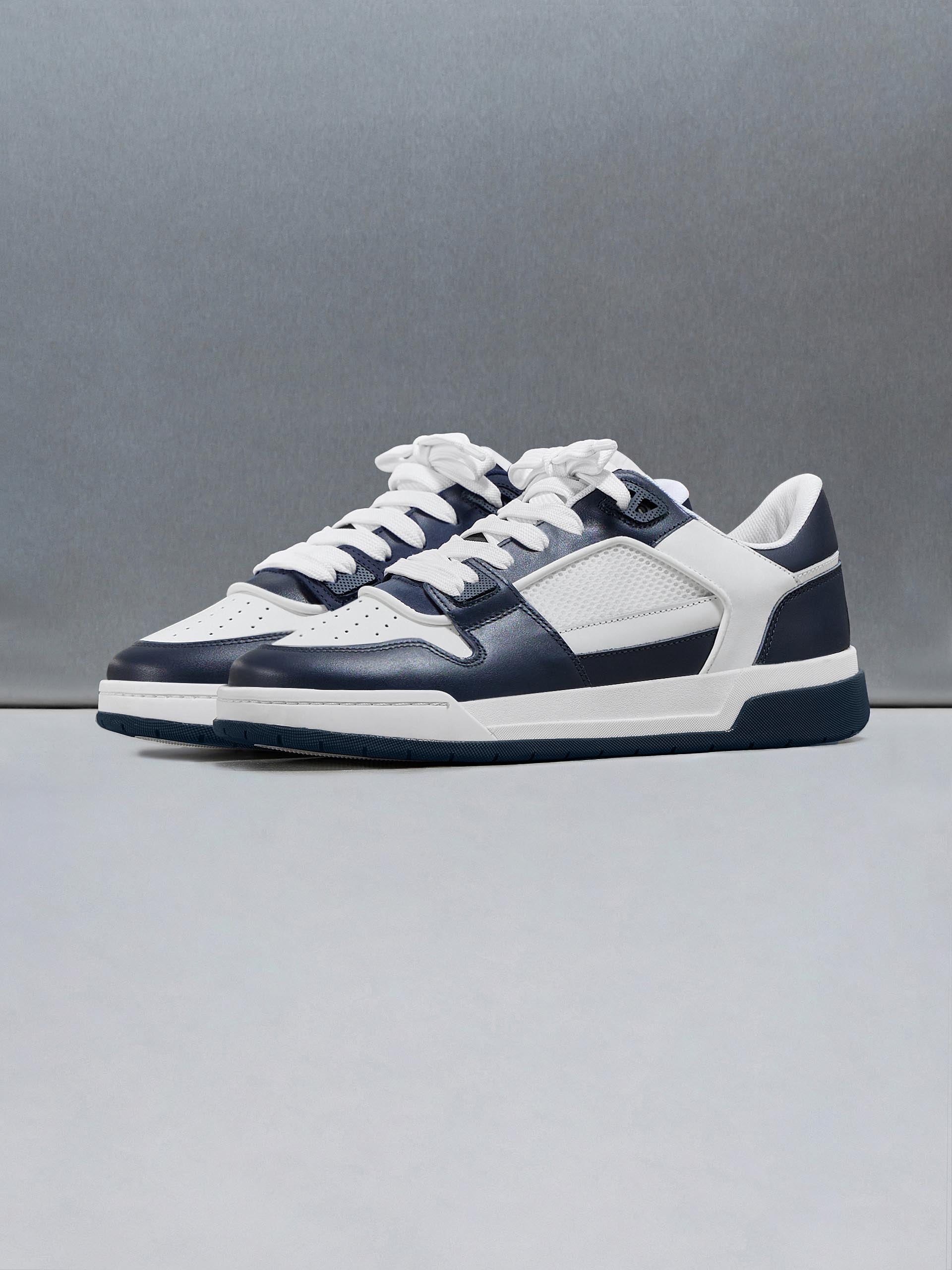 Leather Basket Trainer in White Navy