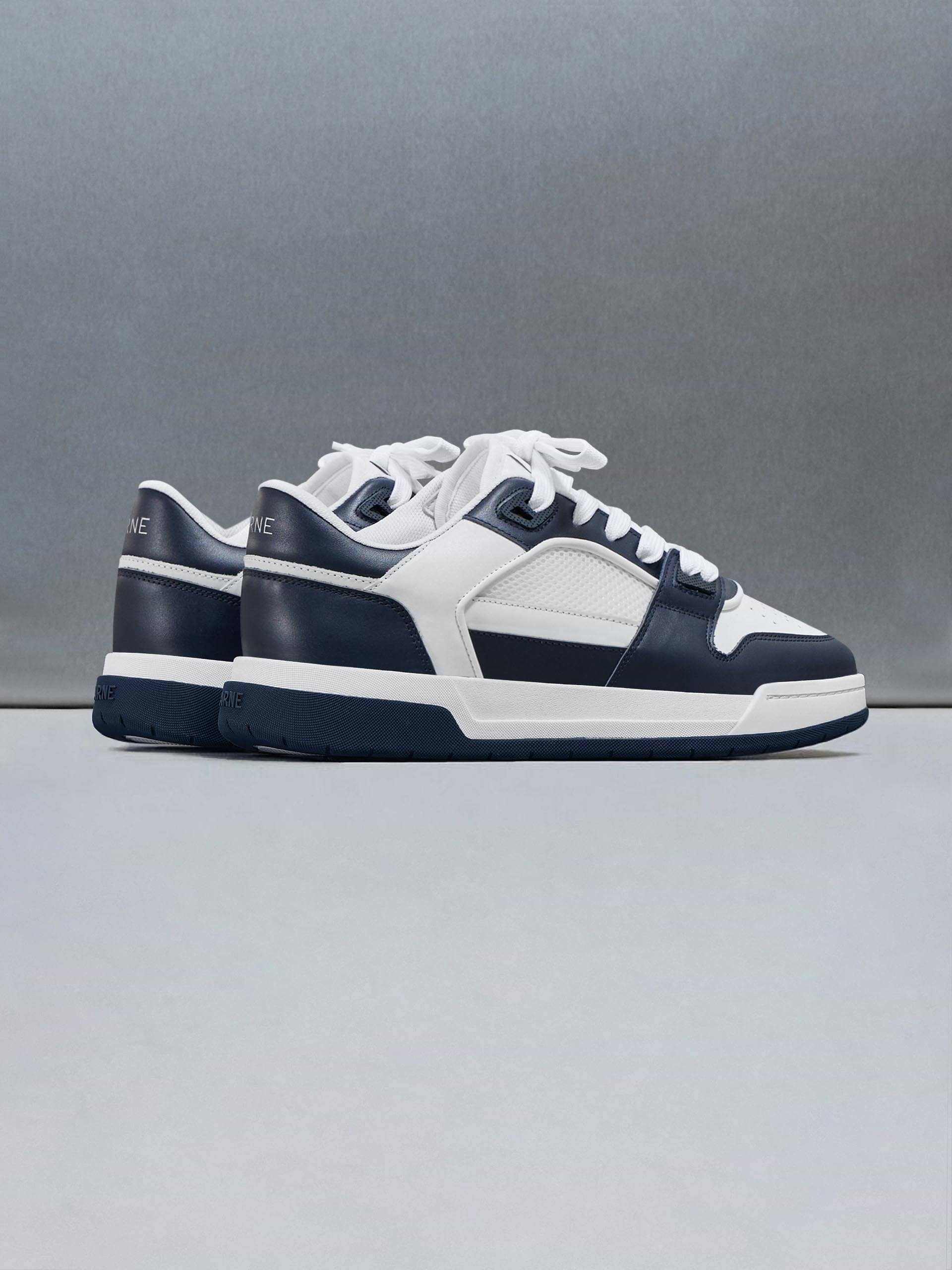 Leather Basket Trainer in White Navy