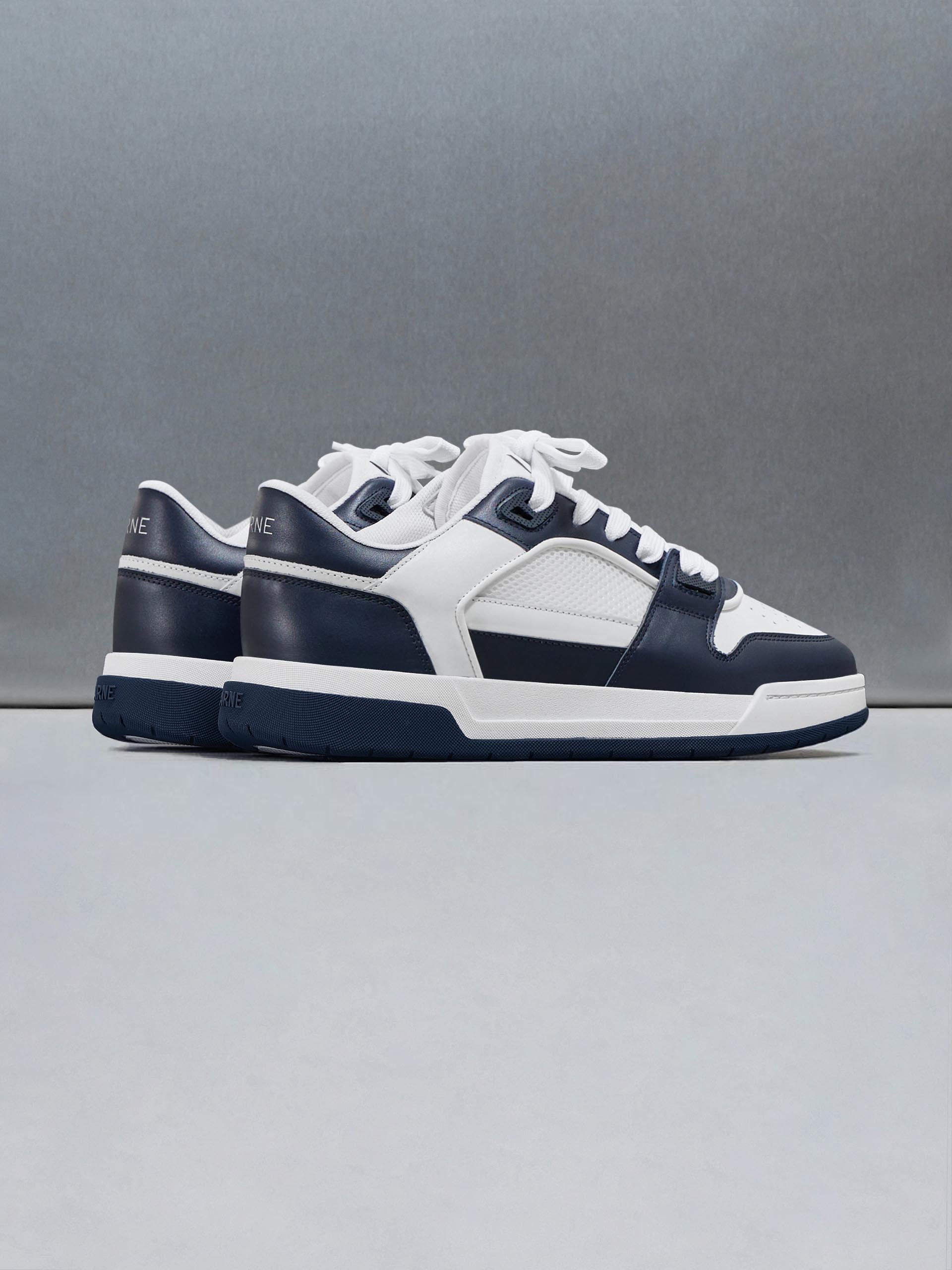 Leather Basket Trainer in White Navy