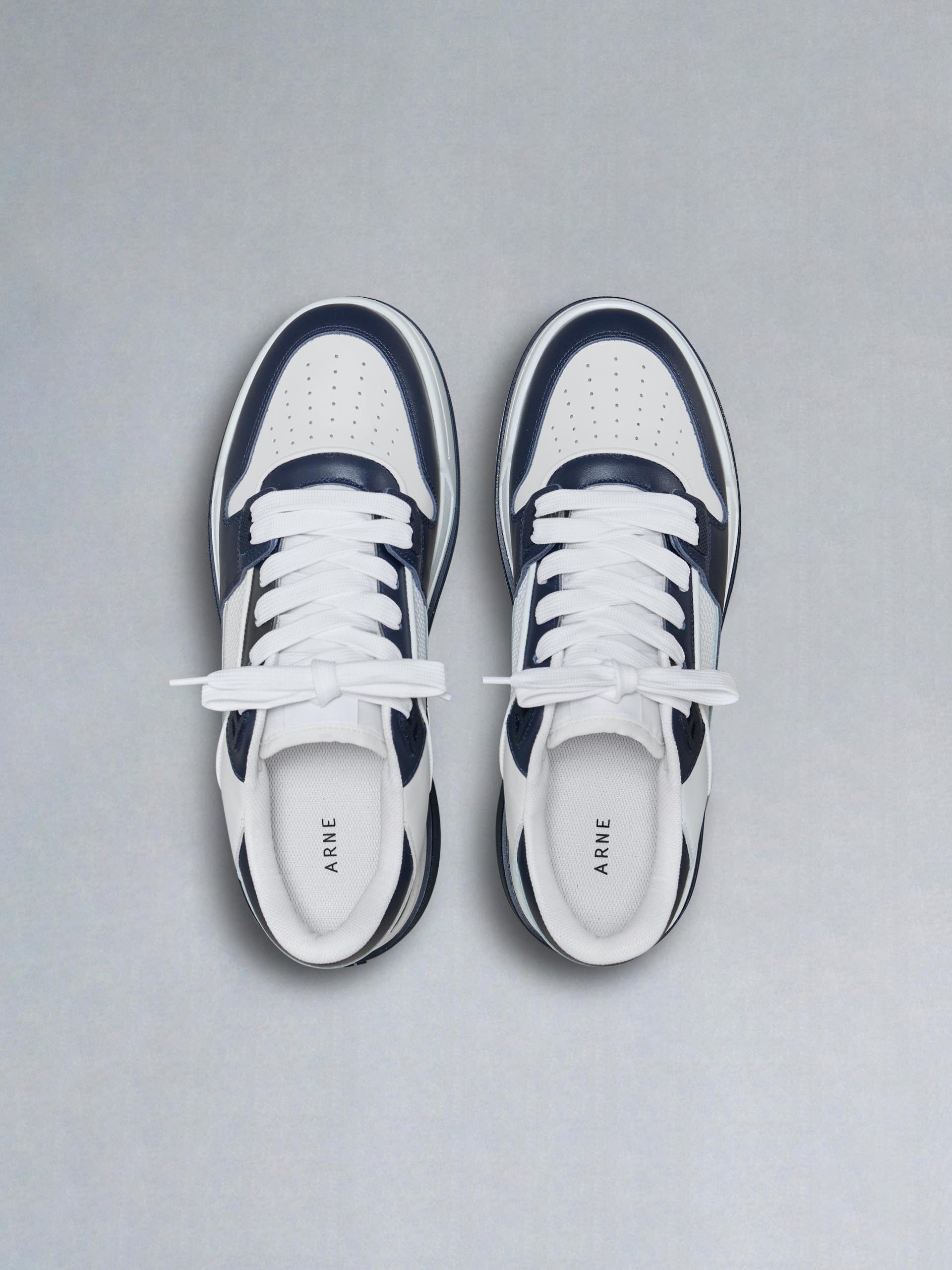 Leather Basket Trainer in White Navy