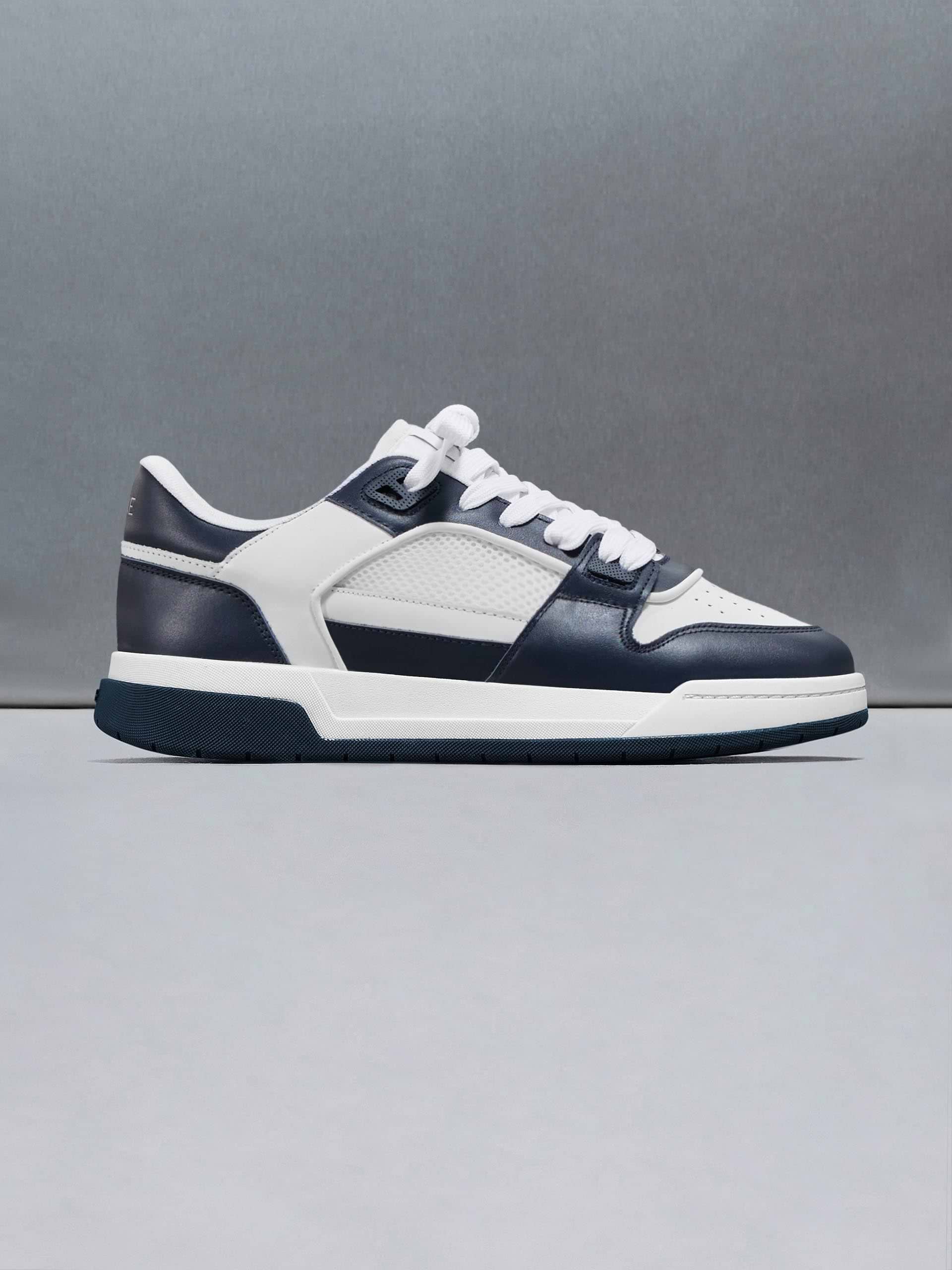 Leather Basket Trainer in White Navy