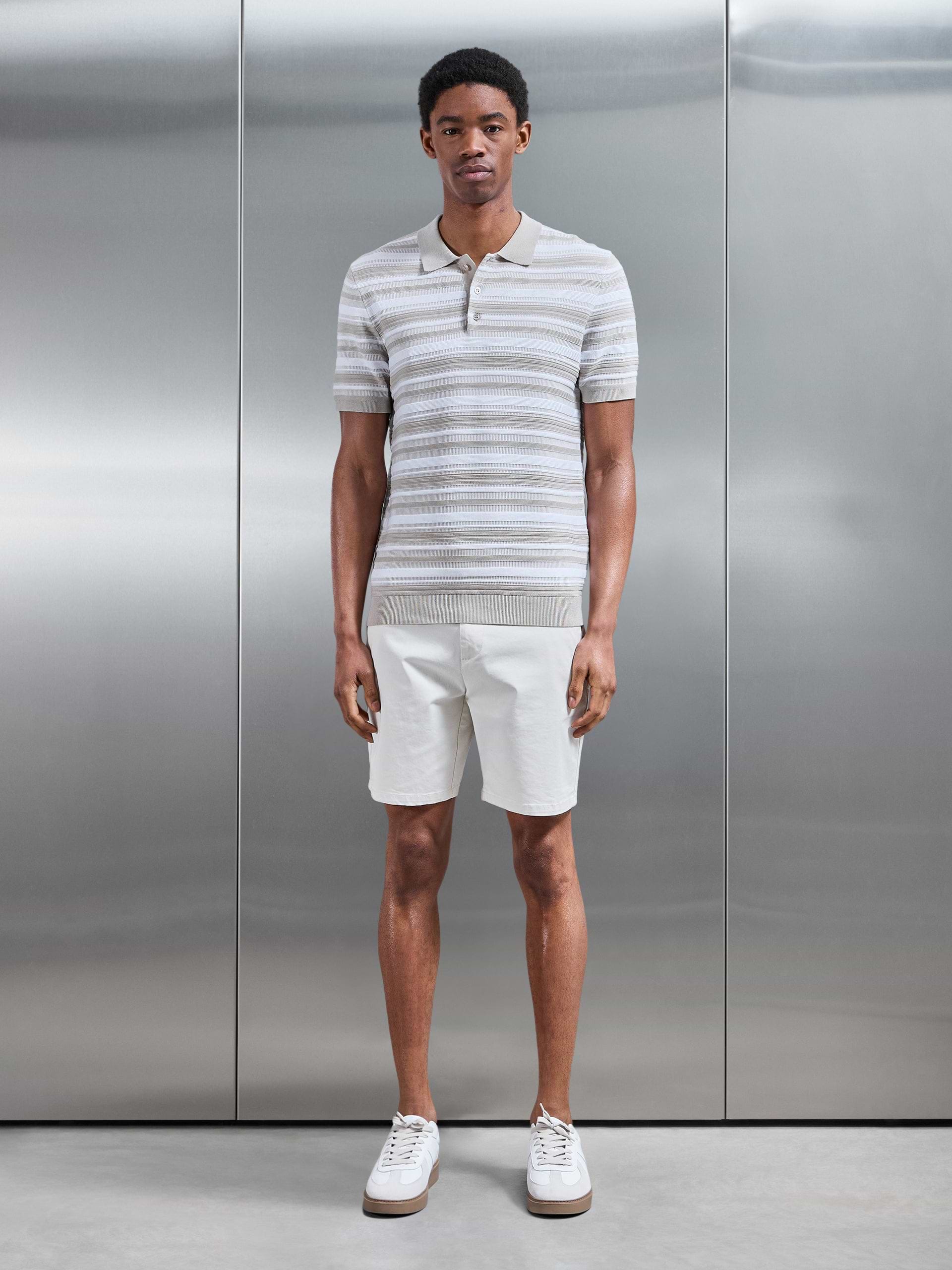 Bellano Knitted Textured Stripe Polo Shirt in Stone
