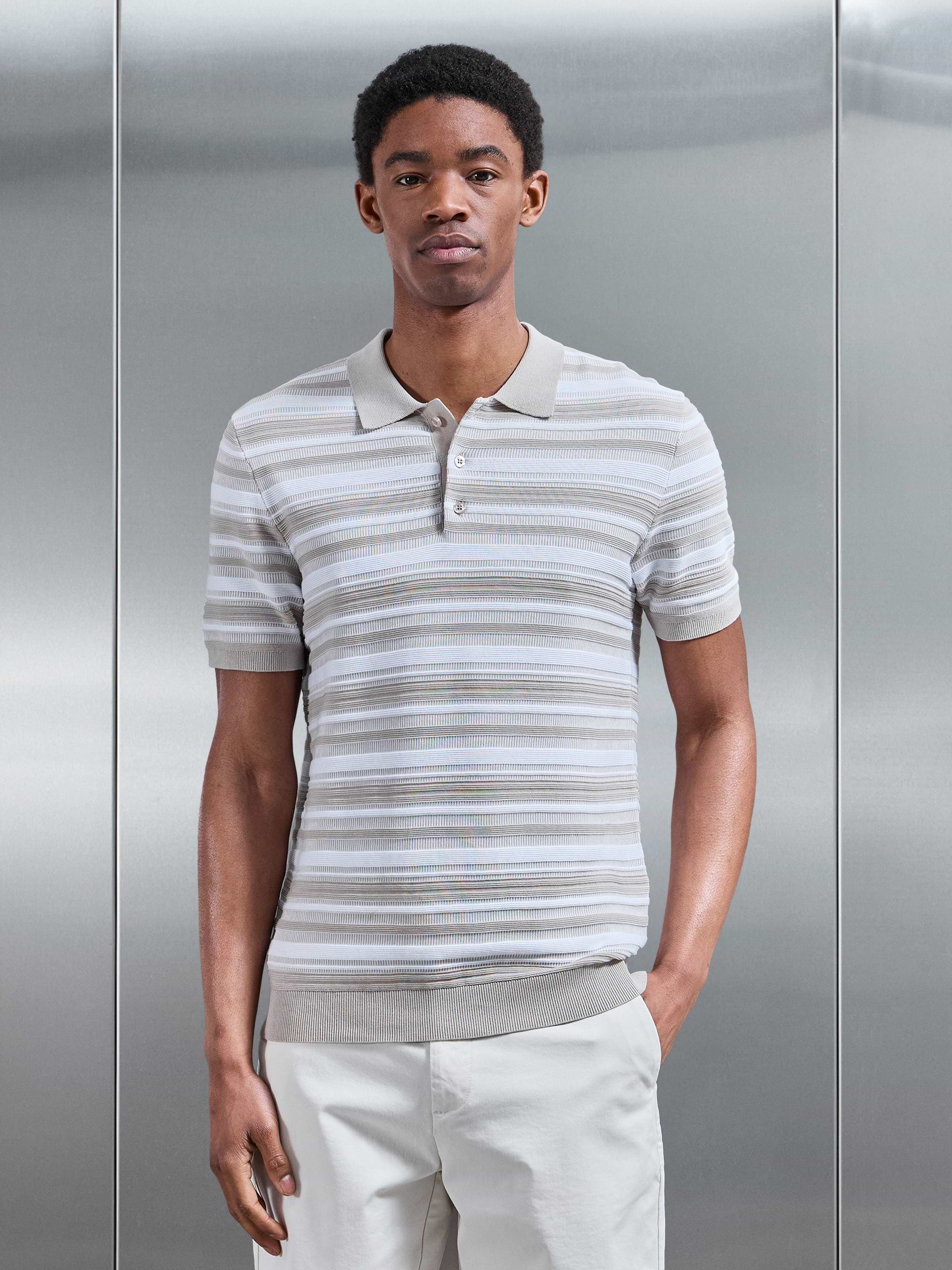 Bellano Knitted Textured Stripe Polo Shirt in Stone