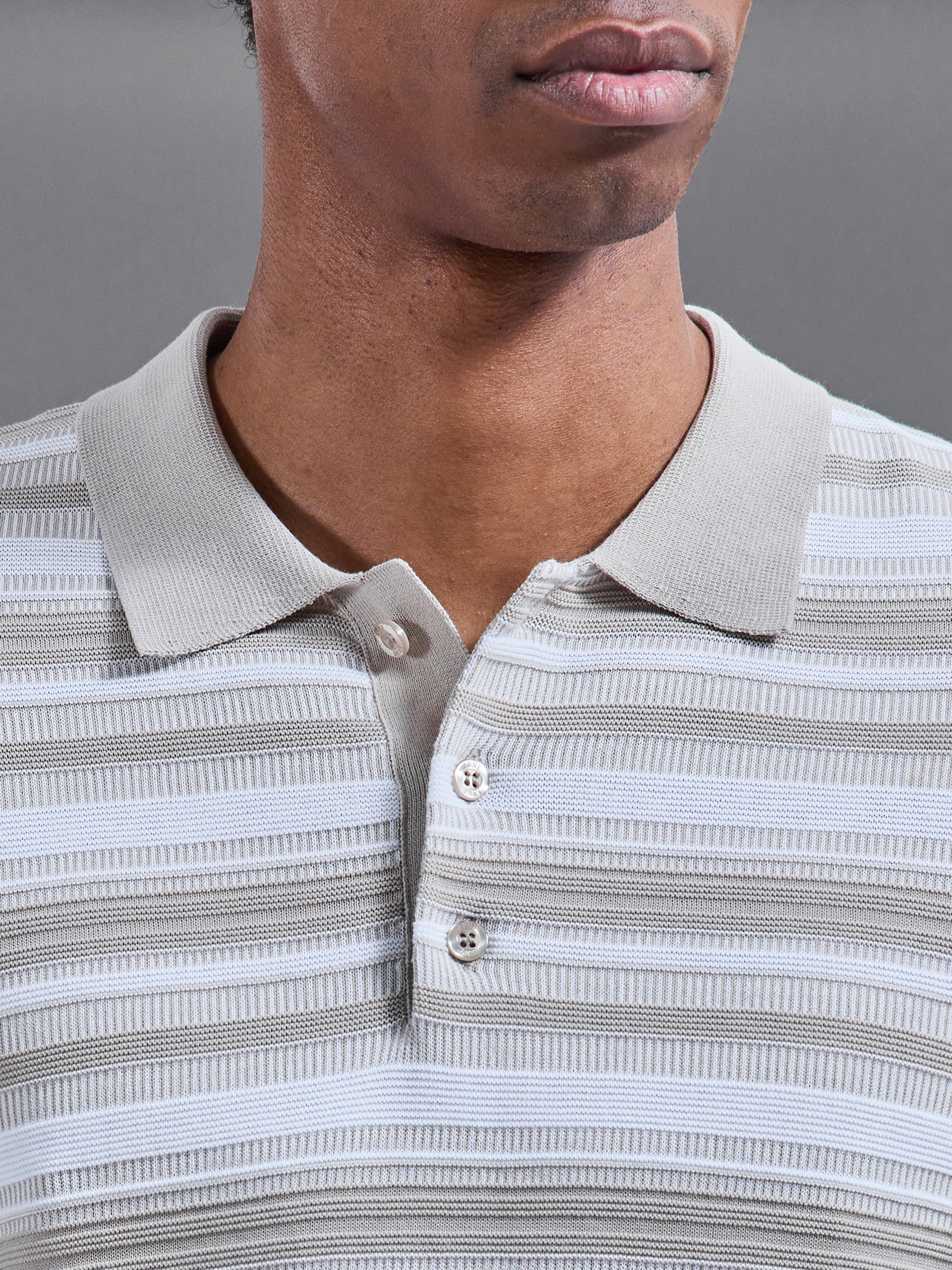 Bellano Knitted Textured Stripe Polo Shirt in Stone