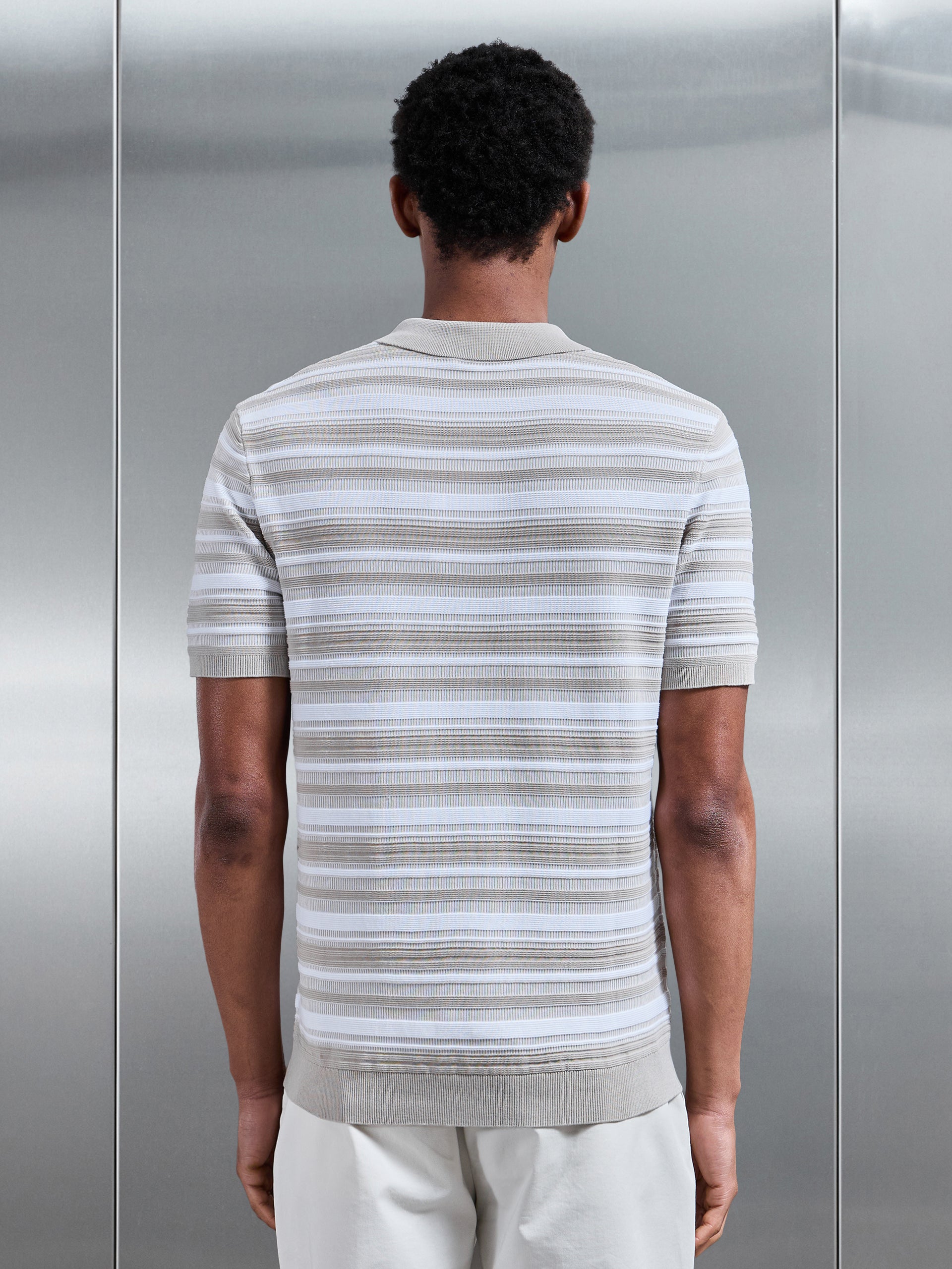 Bellano Knitted Textured Stripe Polo Shirt in Stone