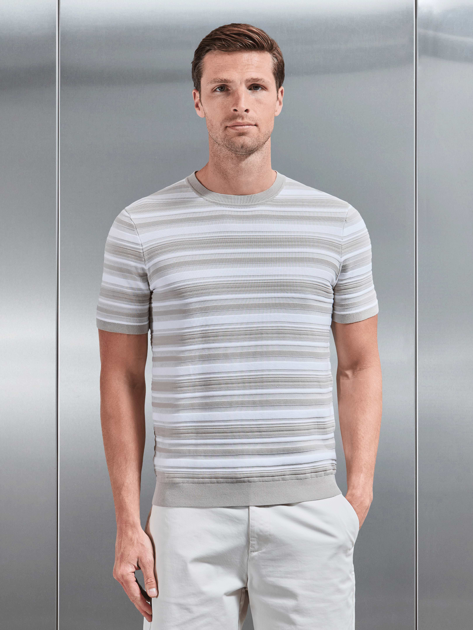 Bellano Knitted Textured Stripe T-Shirt in Stone