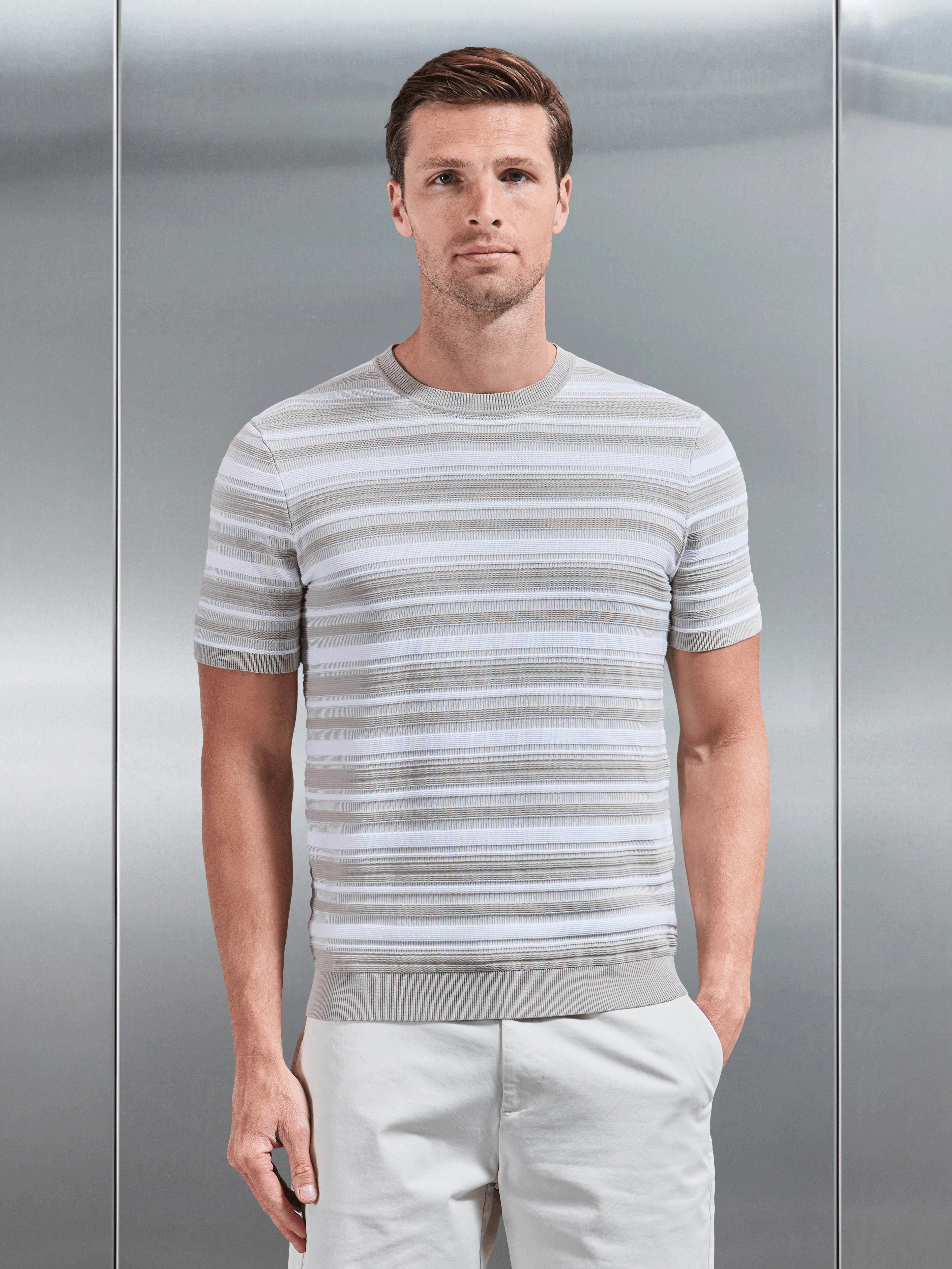 Bellano Knitted Textured Stripe T-Shirt in Stone