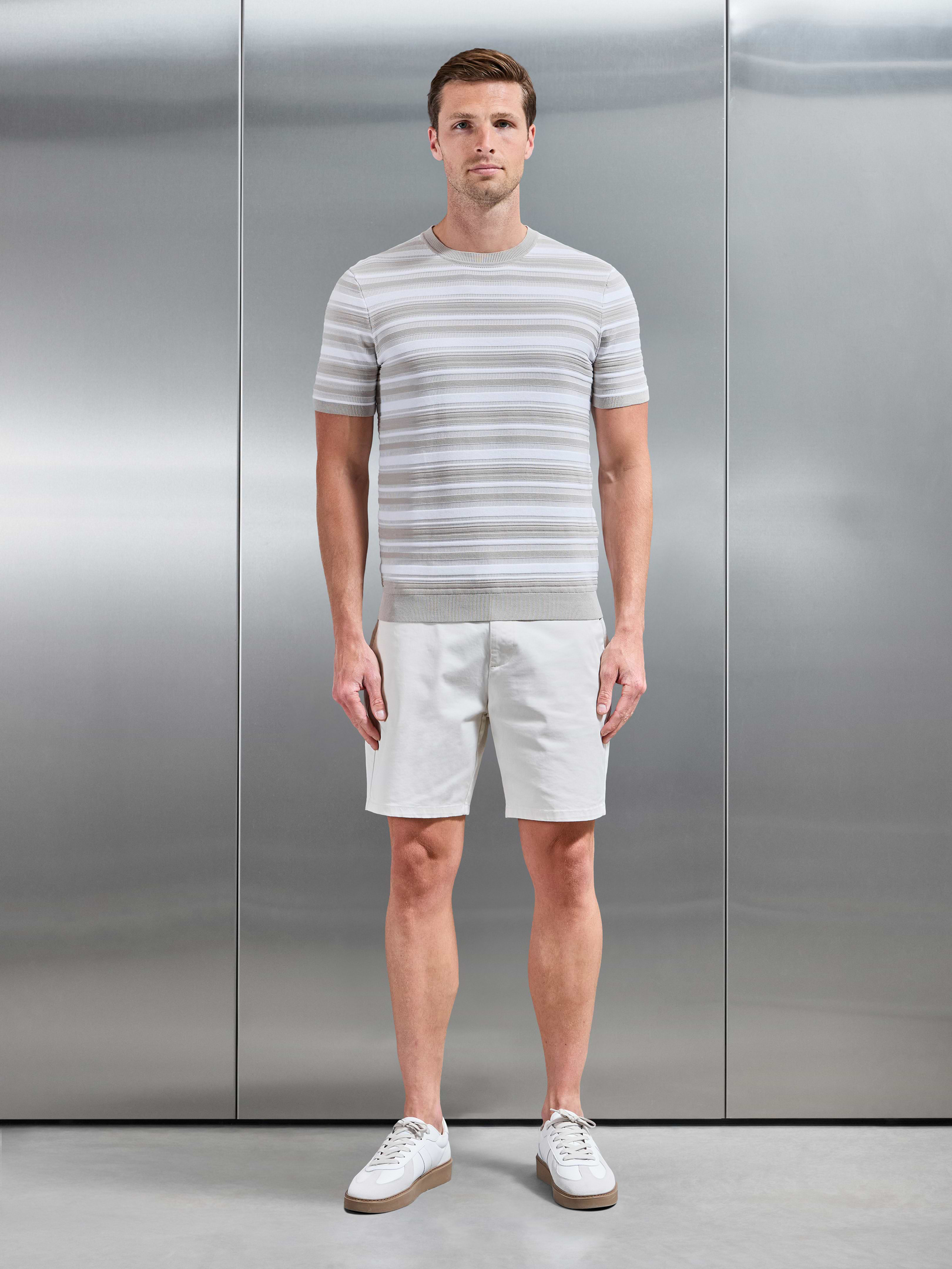 Bellano Knitted Textured Stripe T-Shirt in Stone