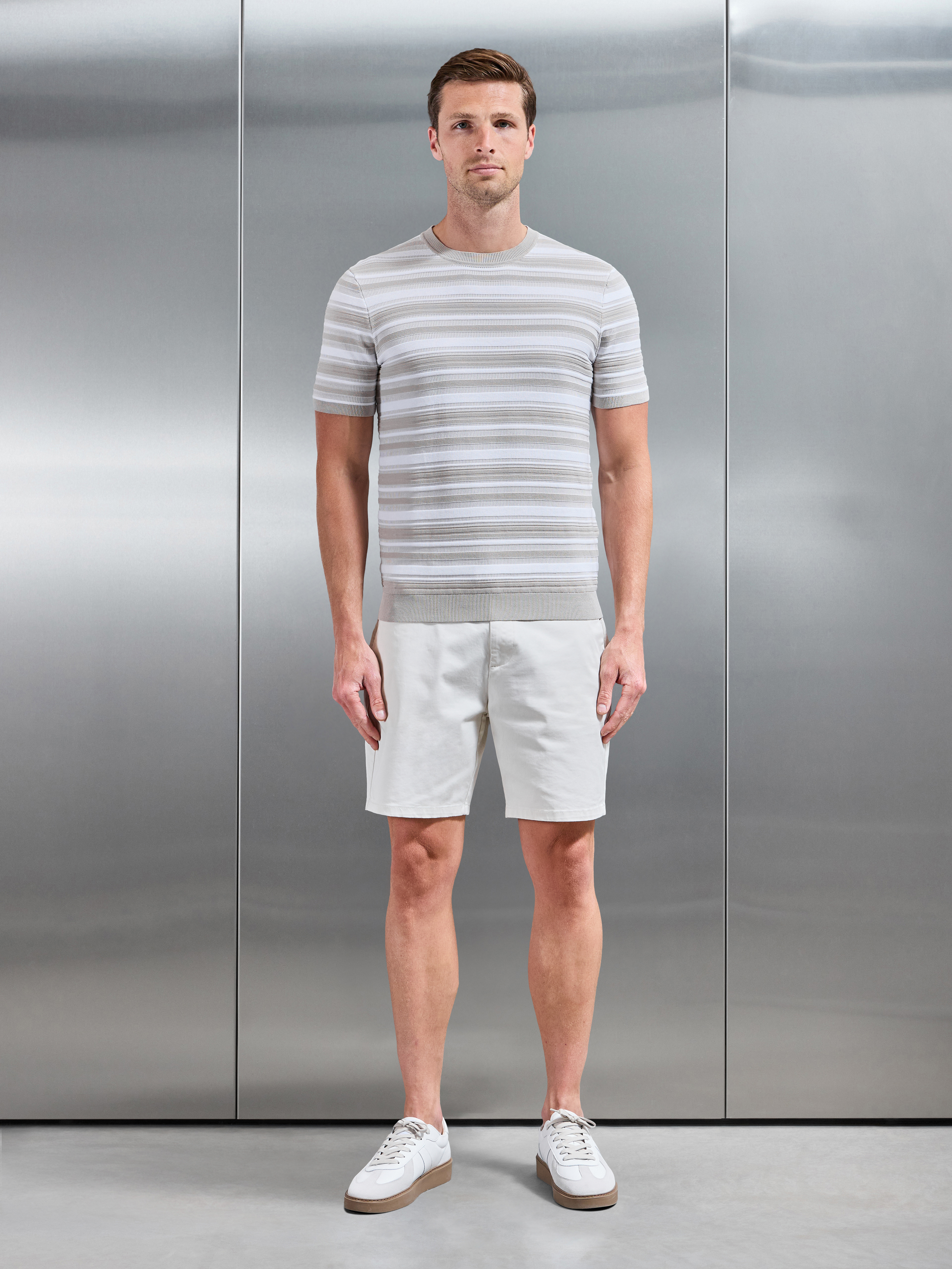 Bellano Knitted Textured Stripe T-Shirt in Stone