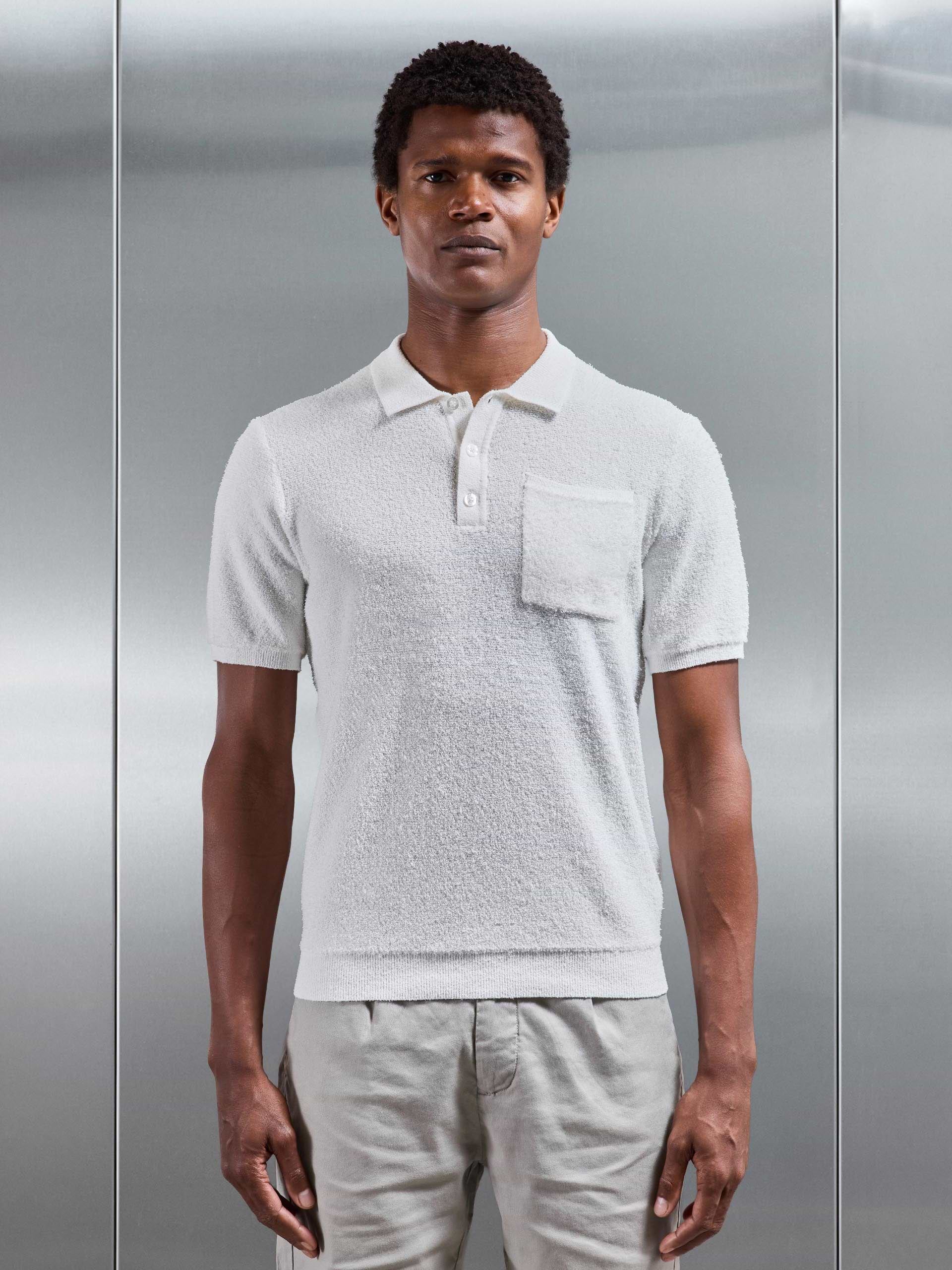 Boucle Knitted Button Polo Shirt in White
