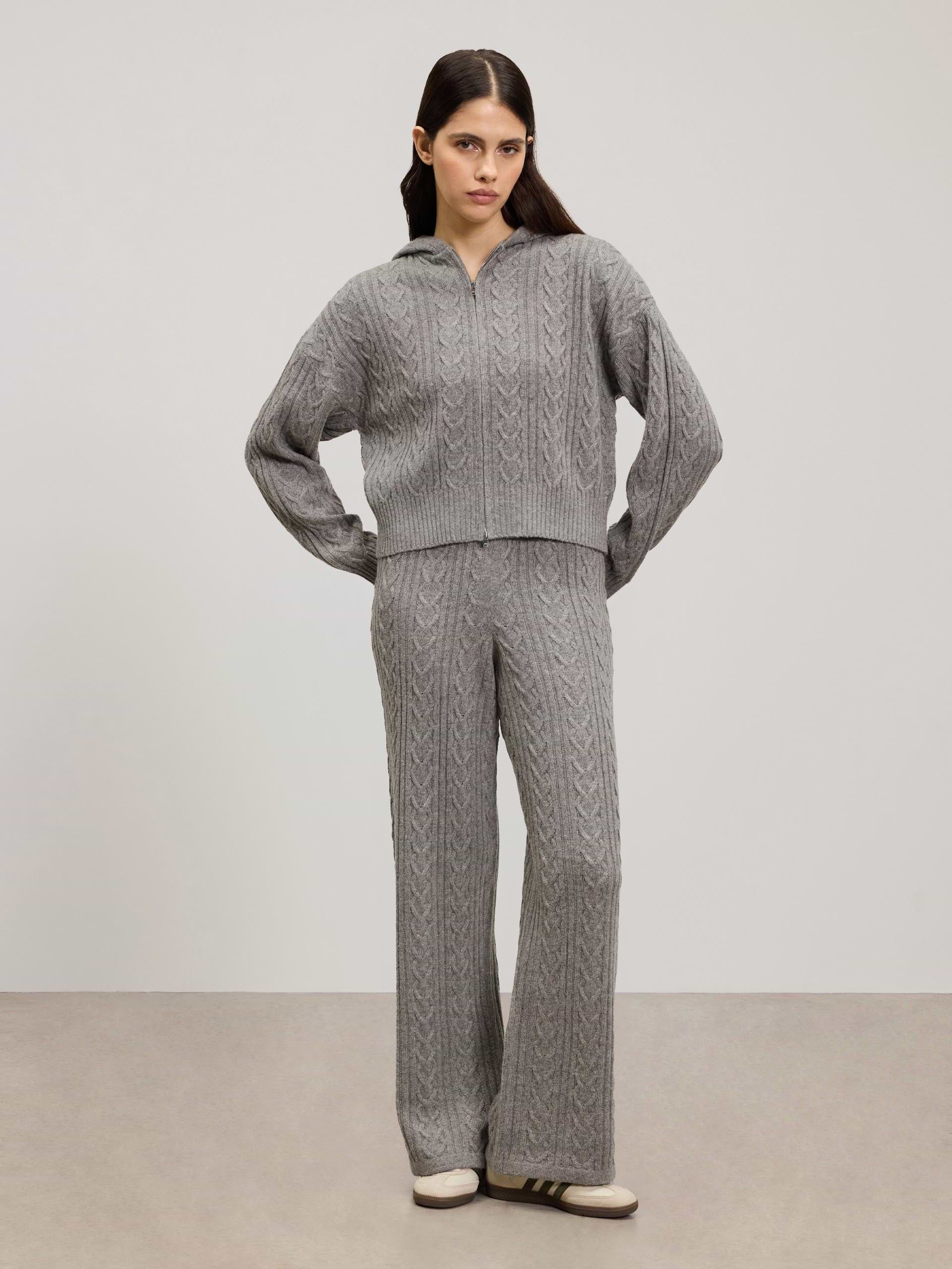 Womens Cable Knit Zip Hoodie in Charcoal Marl