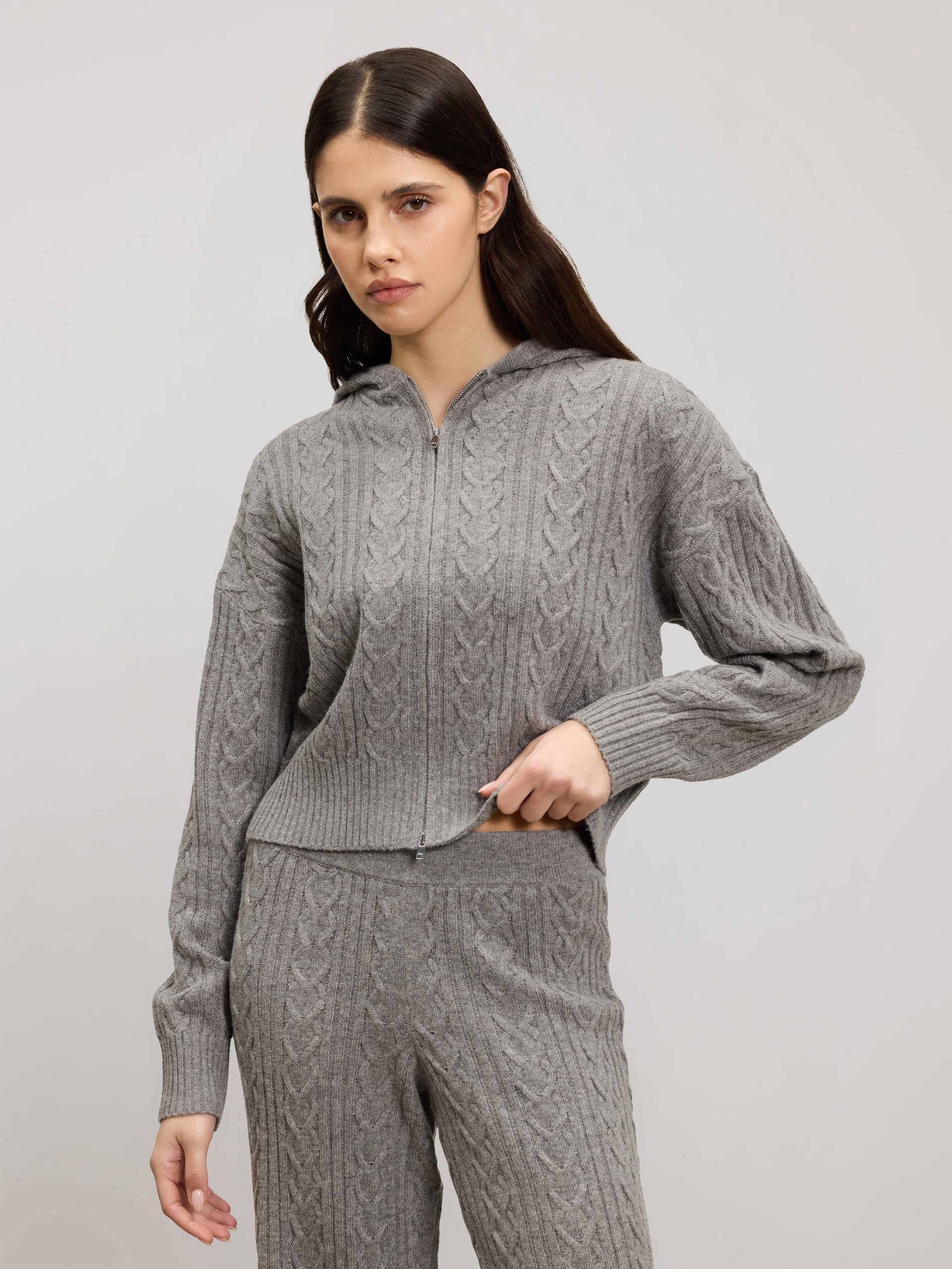 Womens Cable Knit Zip Hoodie in Charcoal Marl