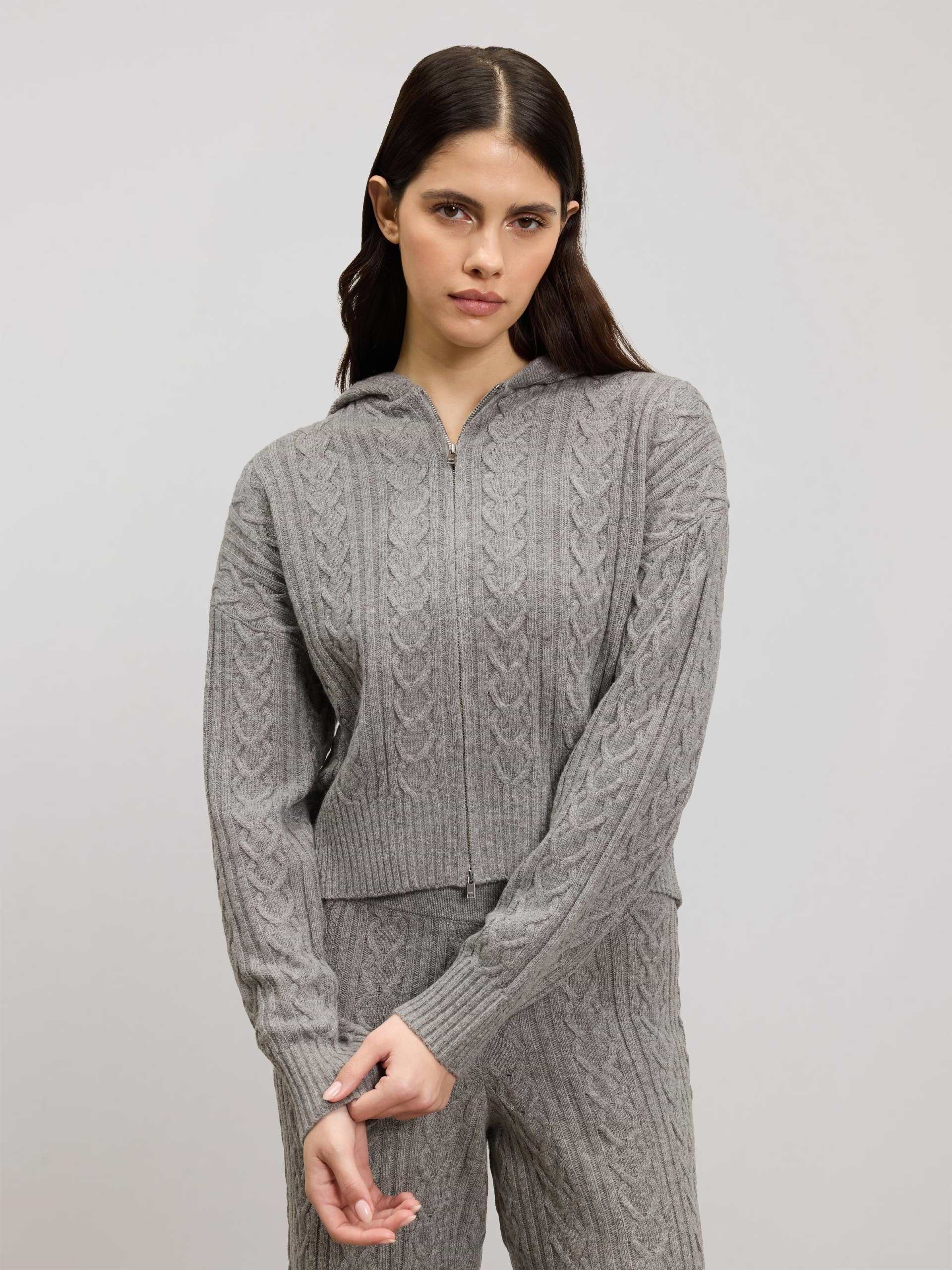 Womens Cable Knit Zip Hoodie in Charcoal Marl