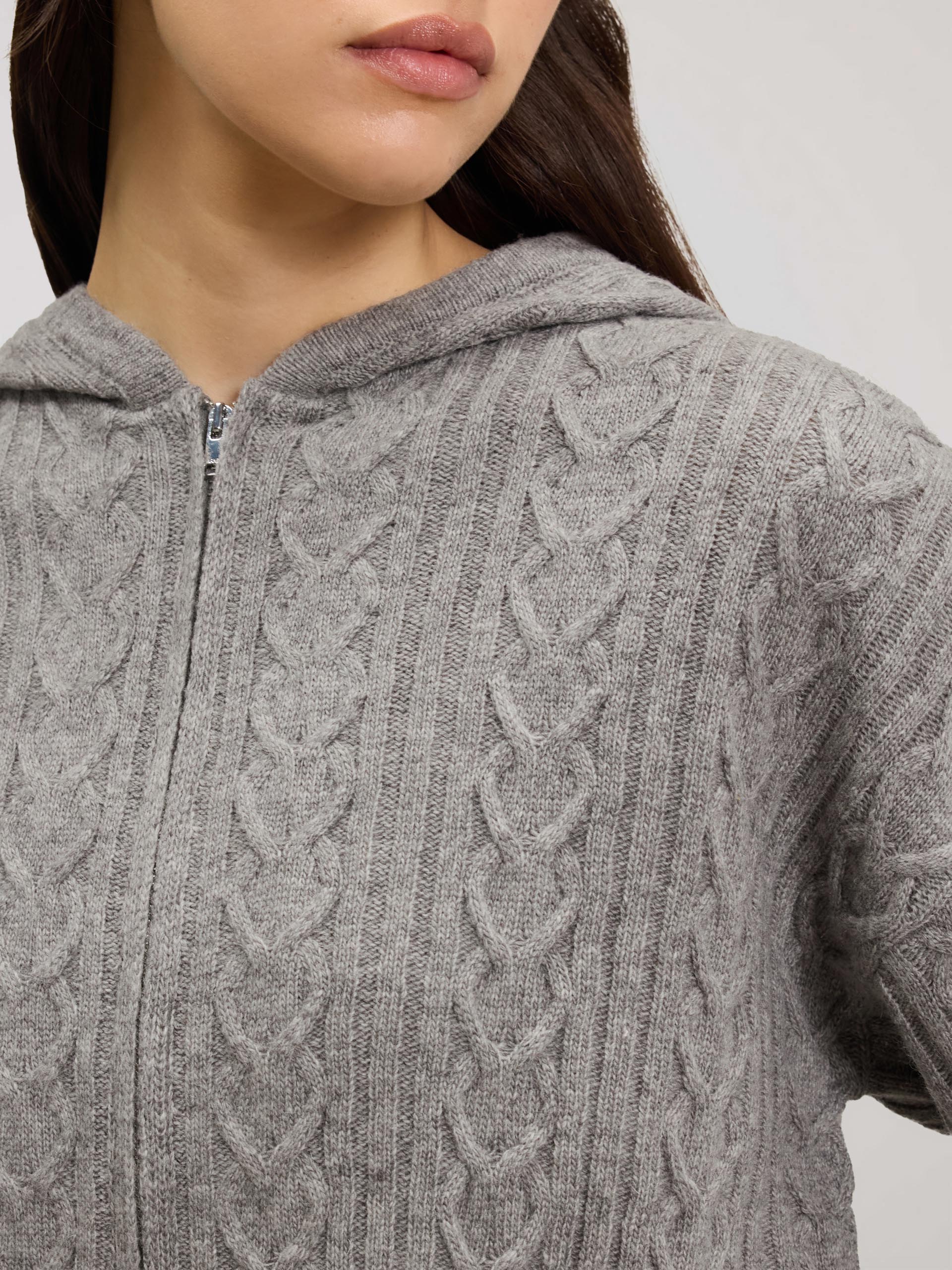 Womens Cable Knit Zip Hoodie in Charcoal Marl