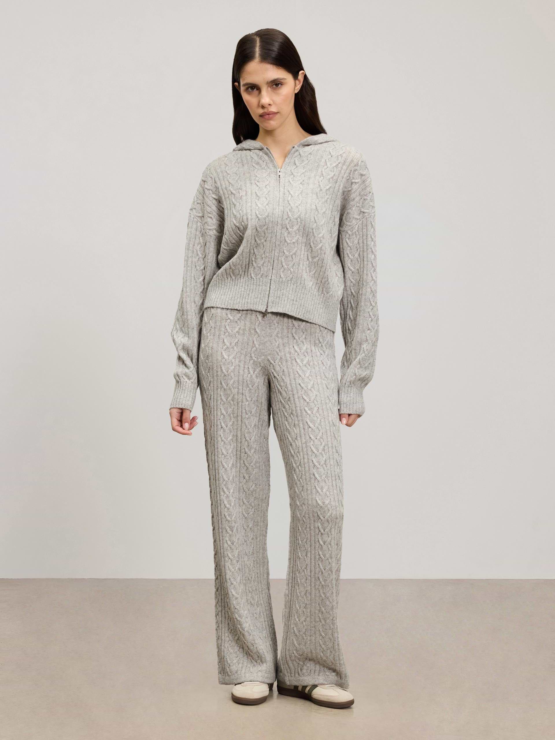 Womens Cable Knit Zip Hoodie in Grey Marl