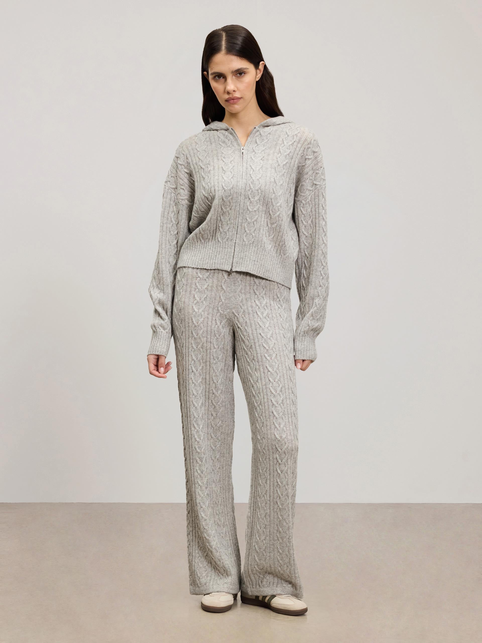 Womens Cable Knit Zip Hoodie in Grey Marl