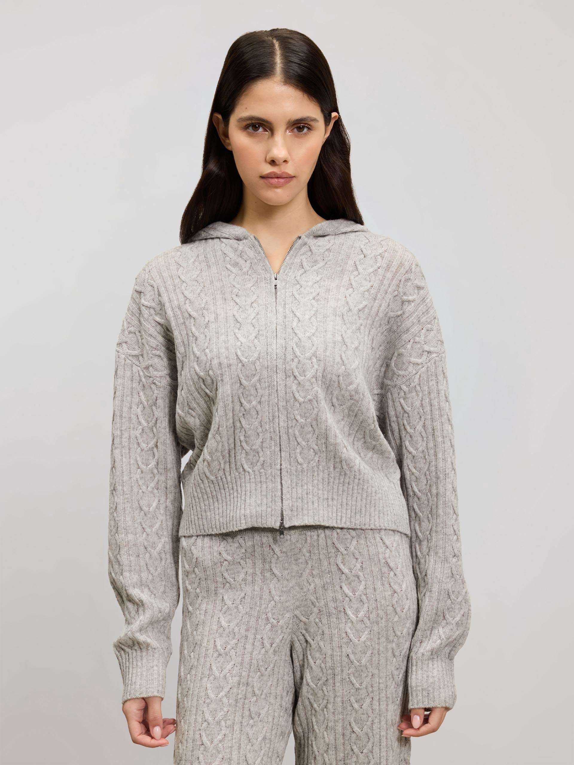 Womens Cable Knit Zip Hoodie in Grey Marl