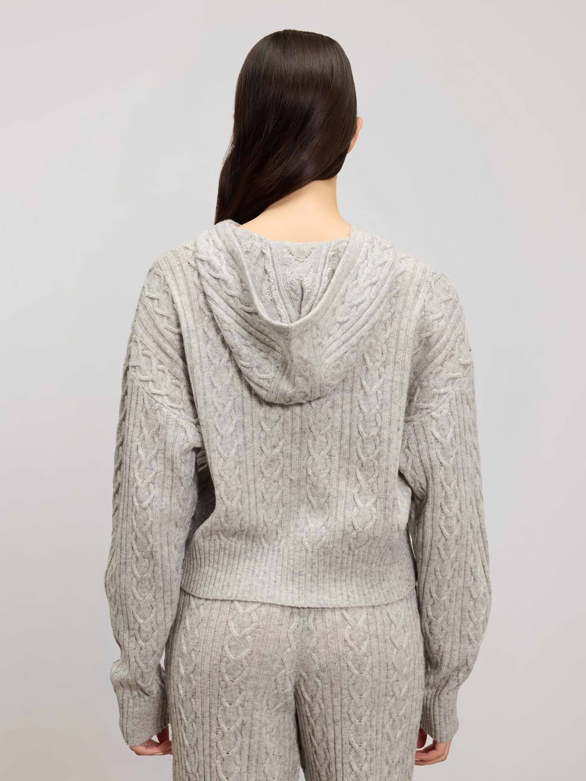 Womens Cable Knit Zip Hoodie in Grey Marl