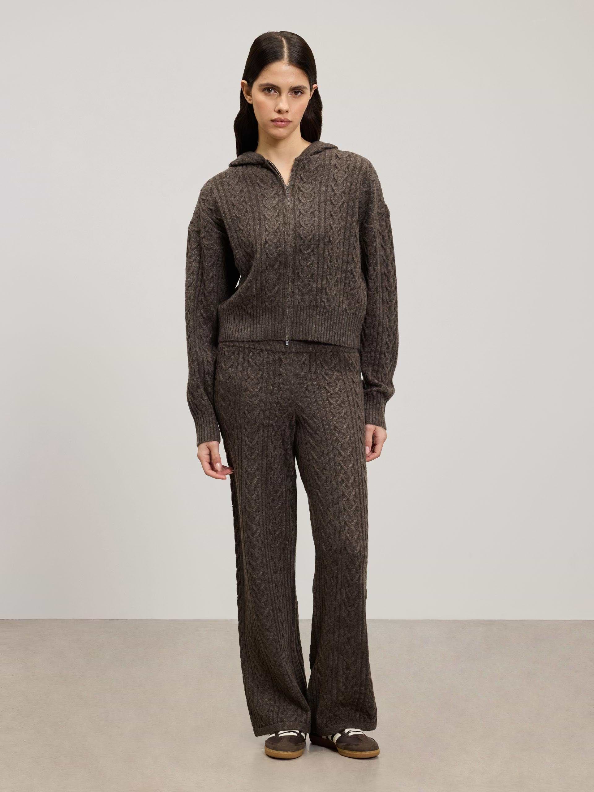 Womens Cable Knit Zip Hoodie in Taupe Marl