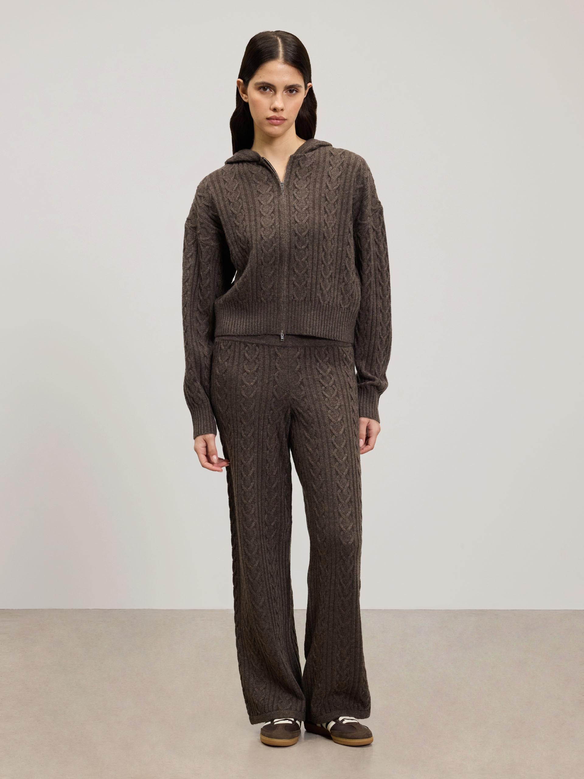 Womens Cable Knit Zip Hoodie in Taupe Marl